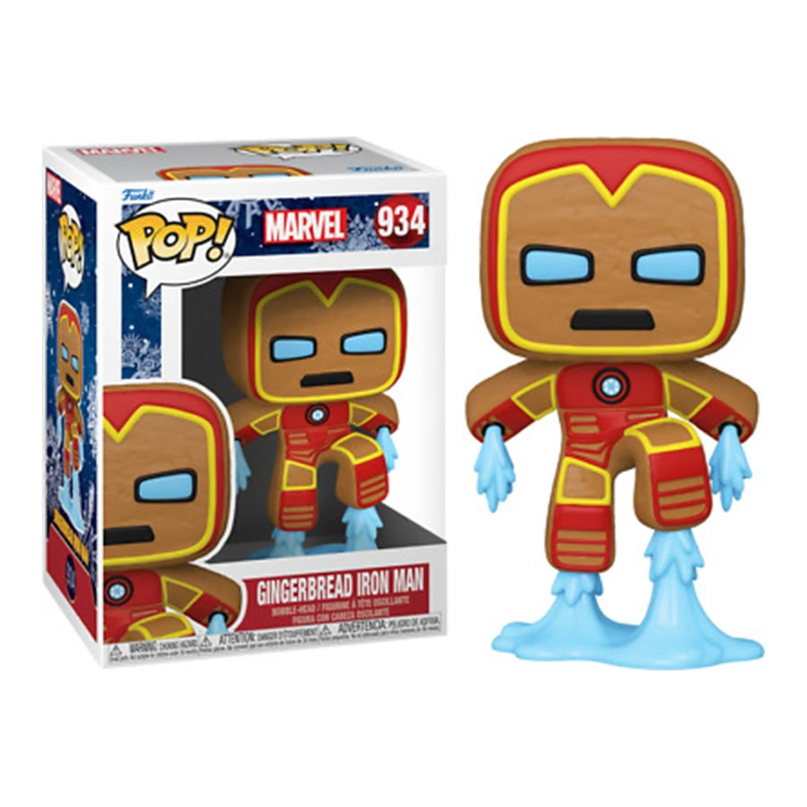 Una figura de Funko Pop de Iron Man de pan de jengibre, junto a su caja. Tiene un traje marrón y rojo, con chorros azul claro, de pie sobre una base azul claro.