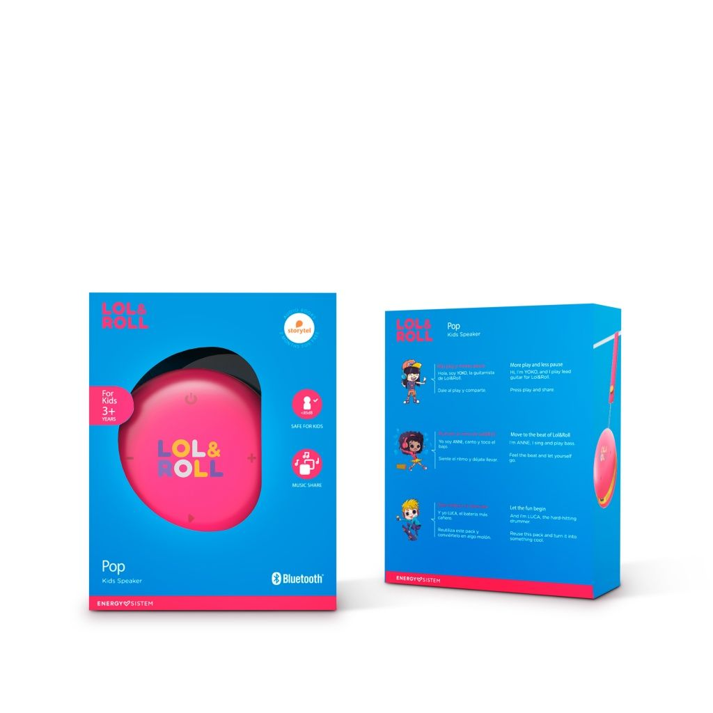 Różowy głośnik w niebieskim pudełku. Tekst brzmi 'LOL&ROLL Pop Kids Speaker'. Inny tekst jest po hiszpańsku. Obecne logo Bluetooth.