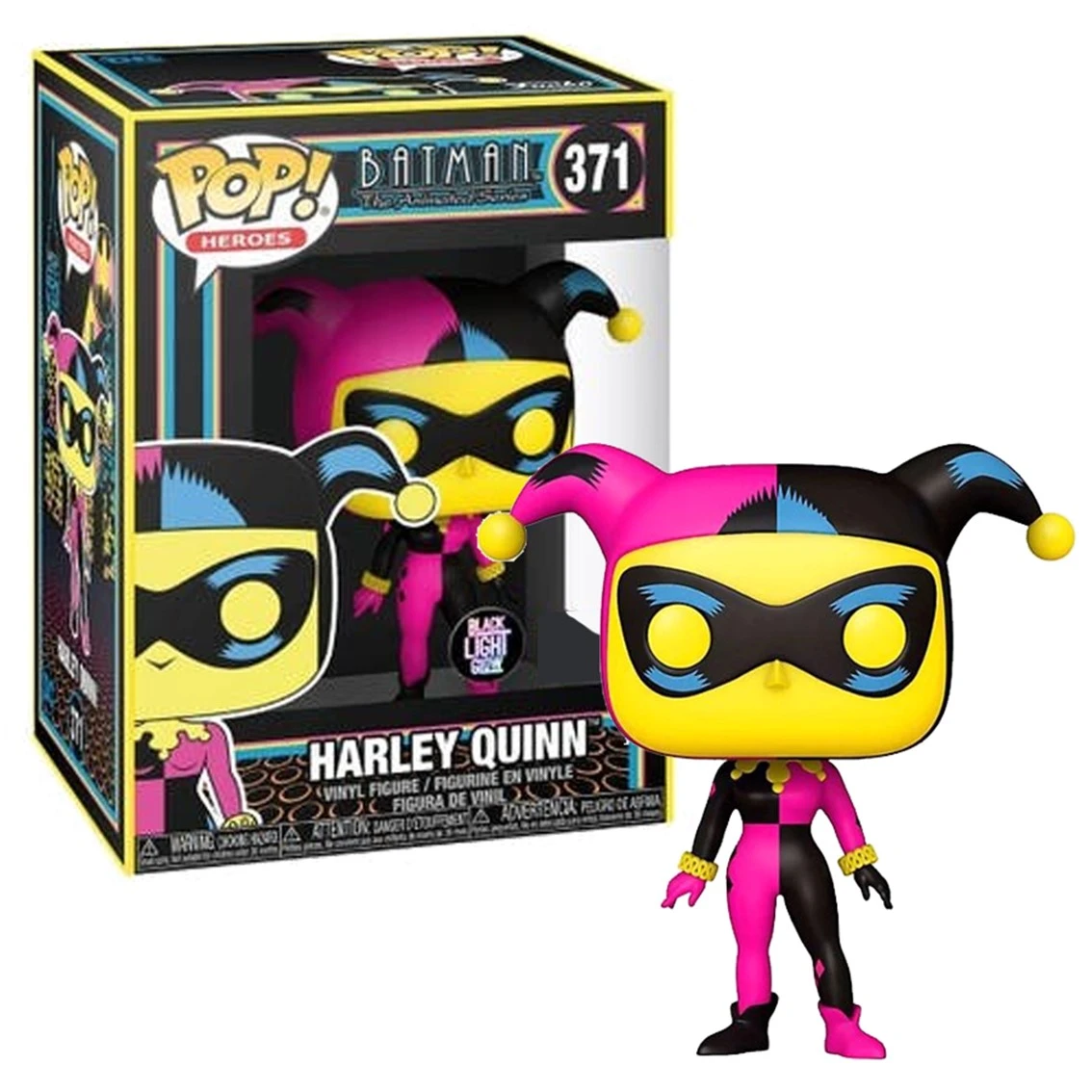 Una statuetta in vinile Pop! di Harley Quinn è accanto alla sua scatola. La statuetta e l'arte della scatola presentano Harley nel suo iconico outfit nero, rosa e giallo.