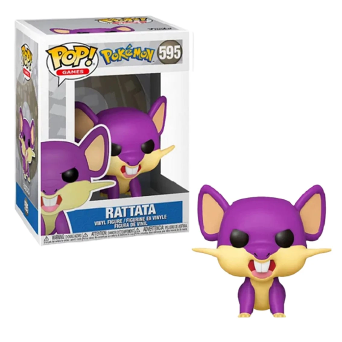 Una figura Funko Pop di Rattata e la sua scatola sono mostrate. La figura è viola, crema e bianca. La scatola mostra la figura e il nome.