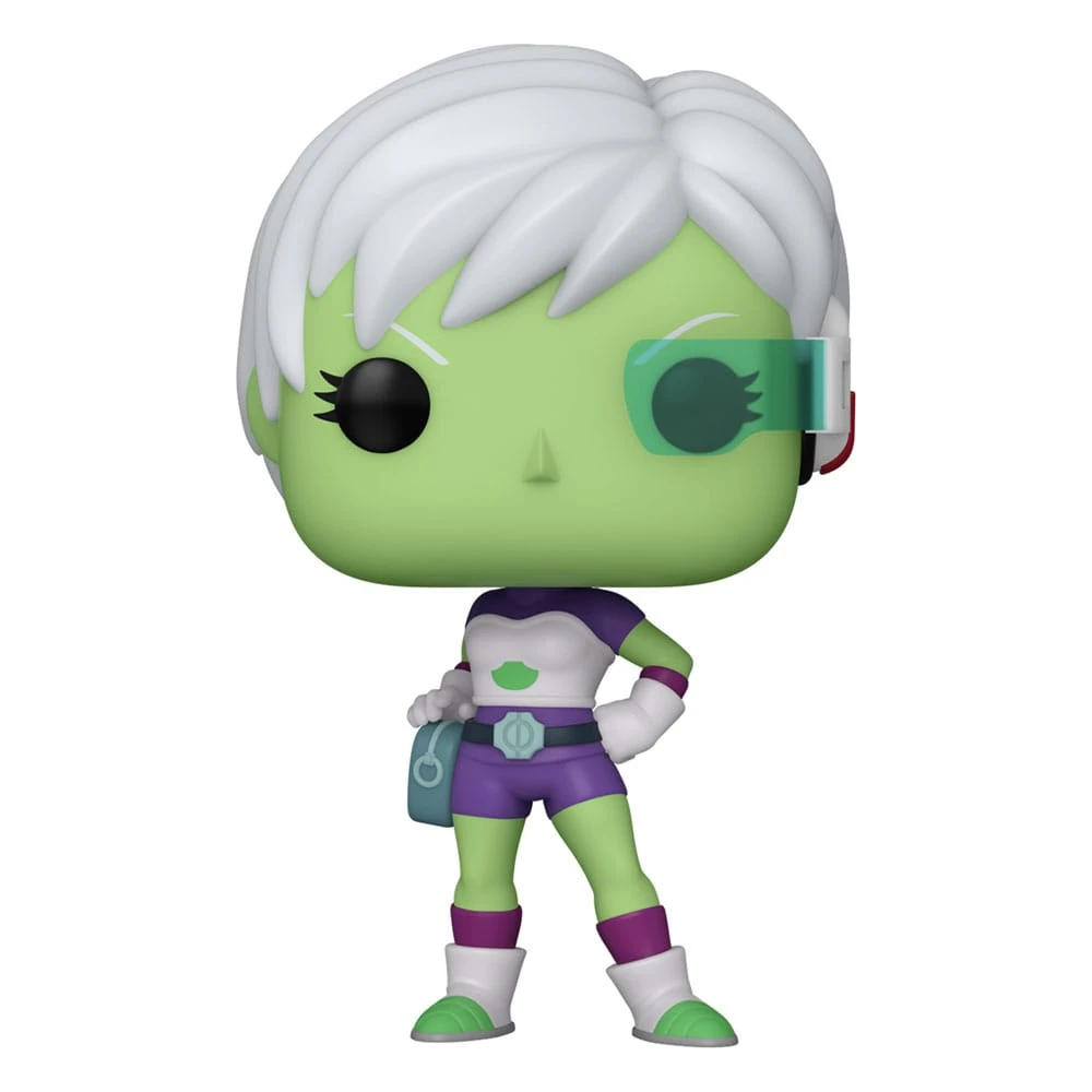 Funko Pop Figur einer grün gehäuteten Figur mit weißem Haar, die lila Shorts und ein weißes Oberteil trägt. Sie hat eine Tasche und ein Visier.