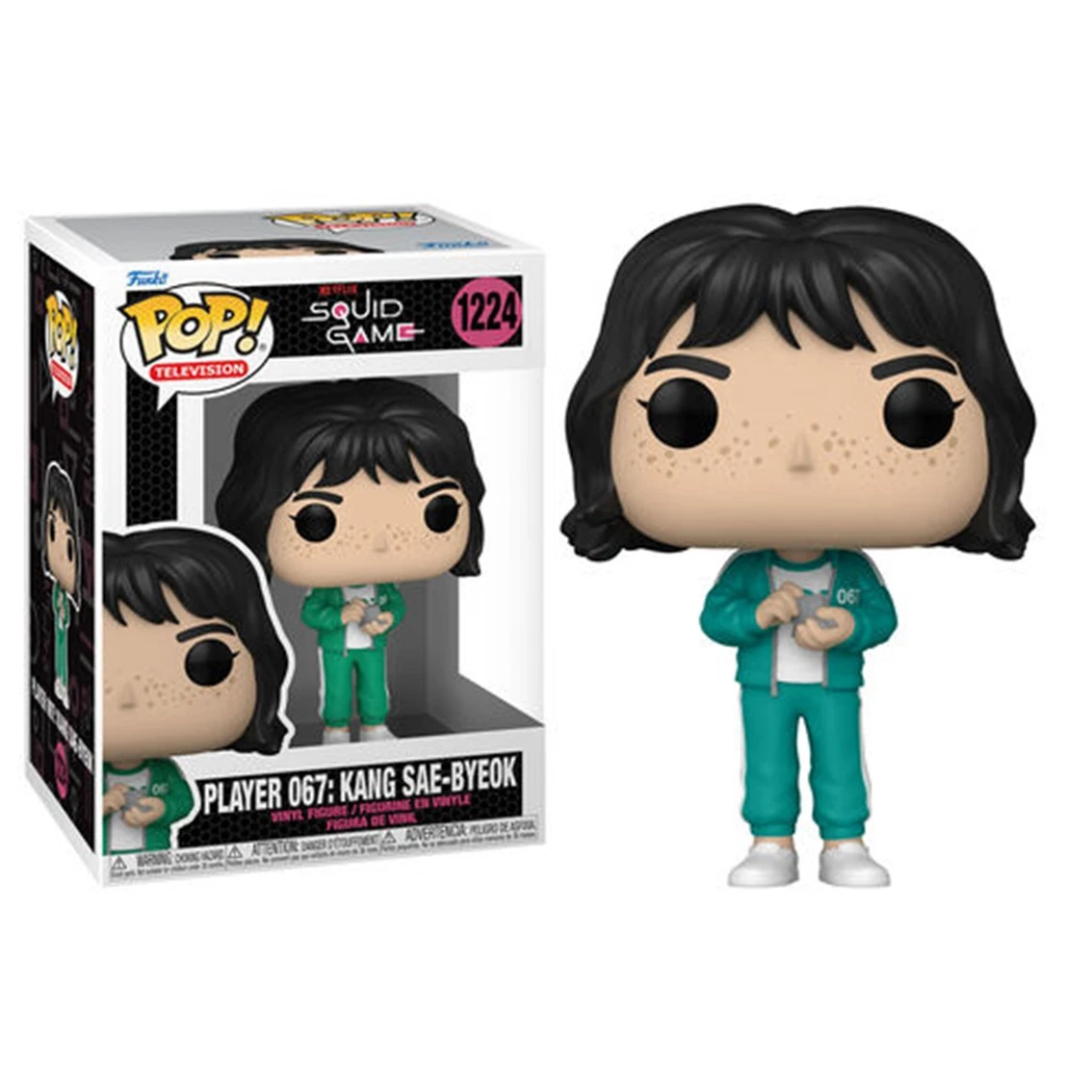 Una figura Funko Pop di Kang Sae-byeok di Squid Game, con una tuta verde acqua. A sinistra c'è una scatola con la figura.
