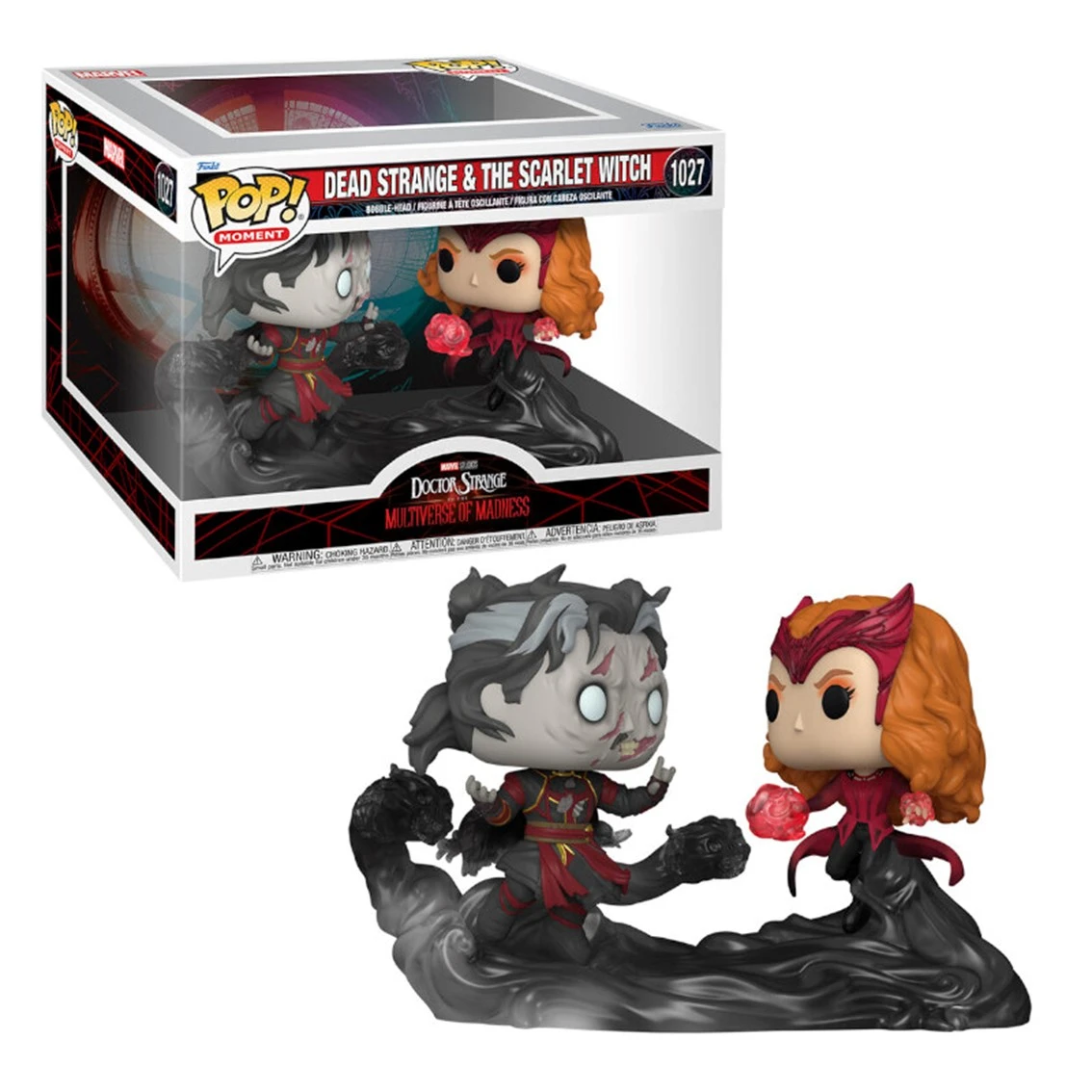 Personaggi Funko Pop di Dead Strange e Scarlet Witch di Doctor Strange. I personaggi sono in una scatola, con un primo piano all'esterno.