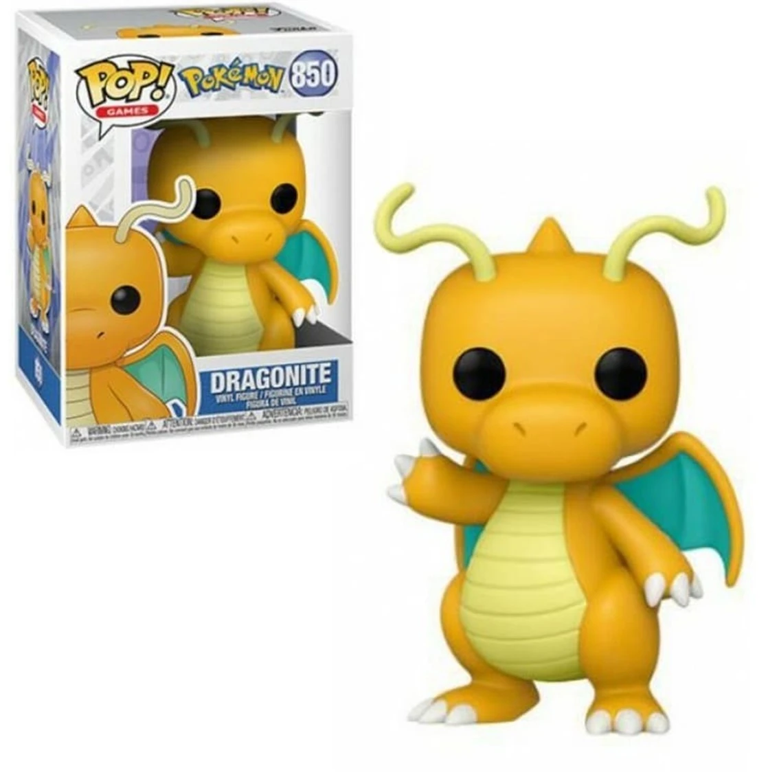 Una figura de Dragonite Funko Pop. Es naranja, con alas turquesas y vientre amarillo. Está junto a su caja.