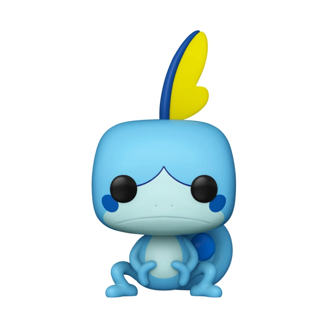 Eine blaue Sobble-Figur. Sie hat schwarze Augen, blaue Flecken und eine gelb-blaue Flosse. Sie sitzt auf einem weißen Hintergrund.
