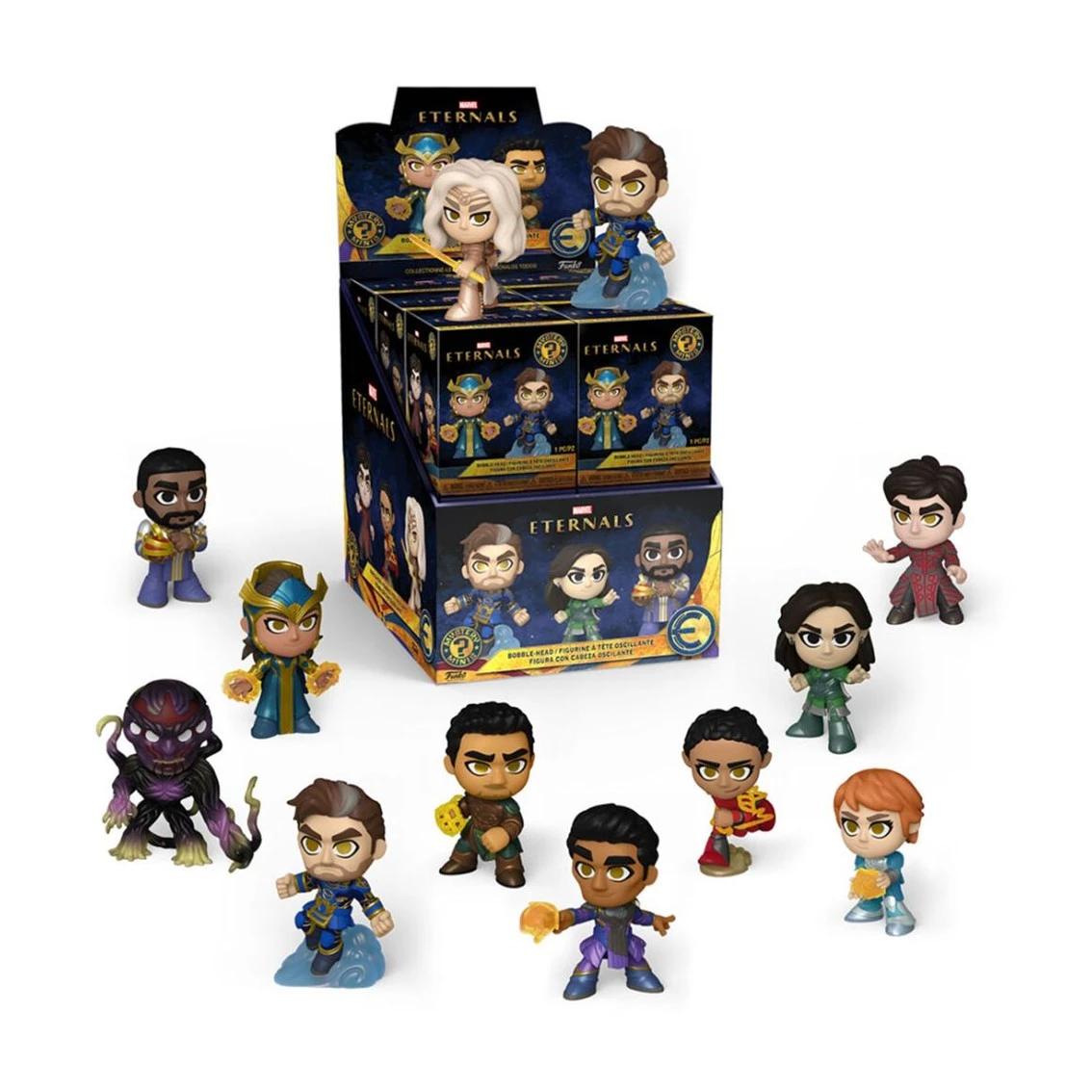 Gruppe von Eternals-Figuren. Display-Box mit Charakteren. Figuren in verschiedenen Farben und Kostümen sind auf einer weißen Oberfläche verstreut.