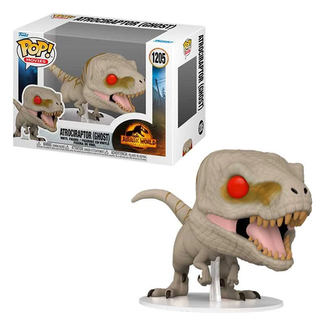 Eine hellgraue Atrociraptor-Figur mit roten Augen und offenem Mund. Es ist eine Funko Pop-Figur, neben ihrer Box, aus Jurassic World.