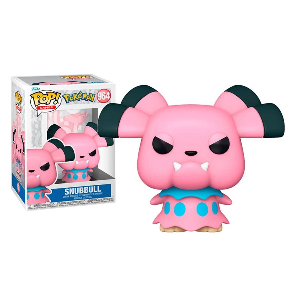 Różowa figurka Snubbull Funko Pop z pasującym pudełkiem, czarnymi uszami i niebieskim kołnierzem w kropki.