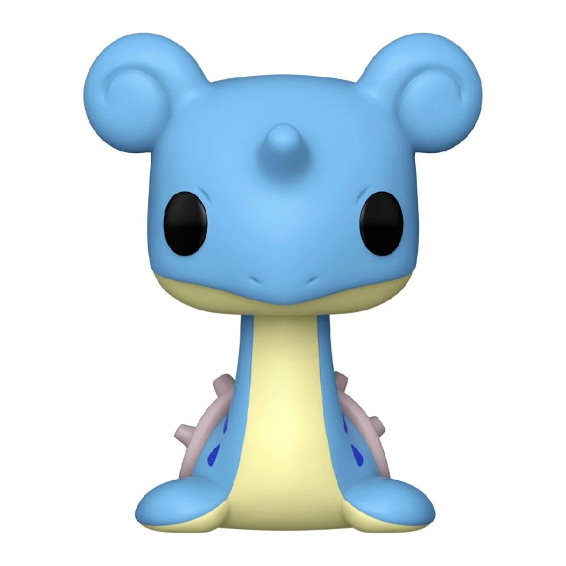 Una figura Funko Pop de Lapras azul. Tiene ojos negros grandes, un cuerno y dos orejas. El vientre es amarillo y tiene aletas rosas.