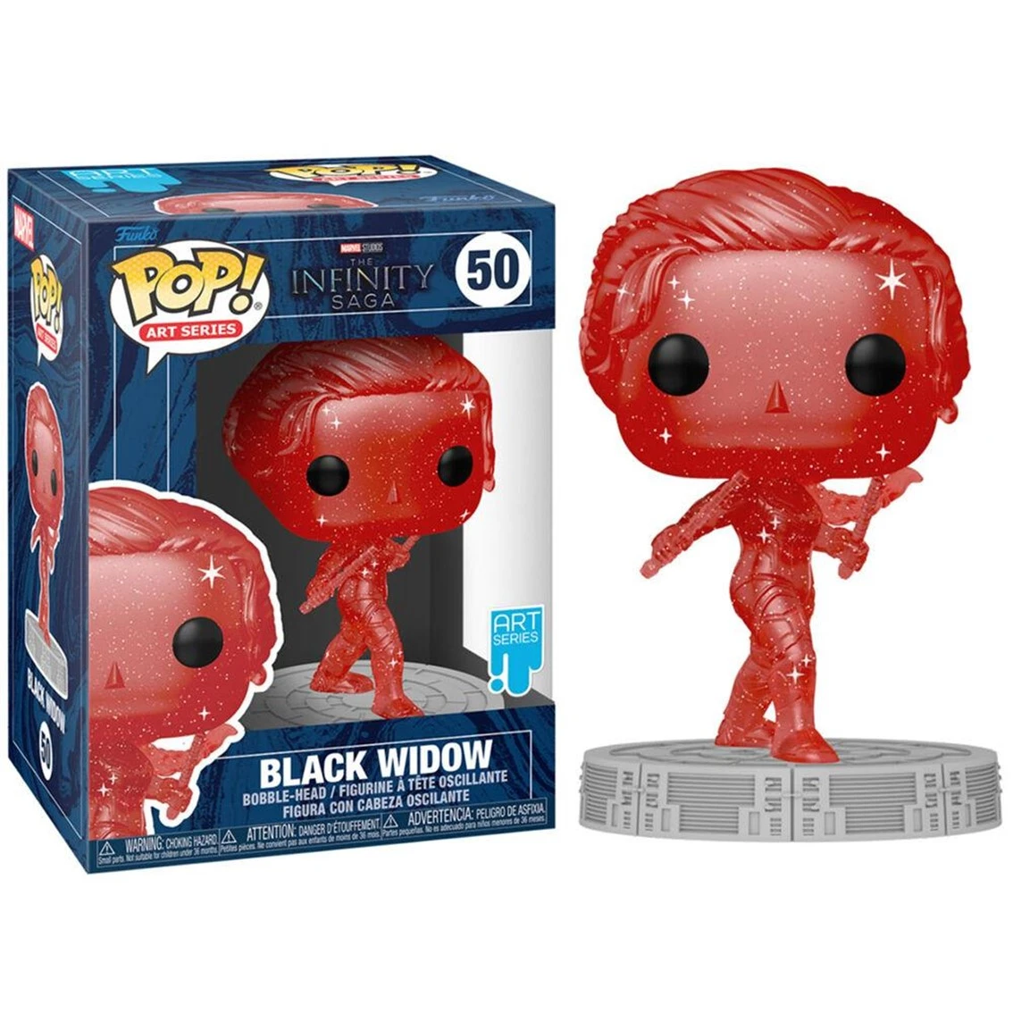 Una figura Funko Pop de Viuda Negra roja y brillante se muestra con su caja. La figura está sobre una base gris.