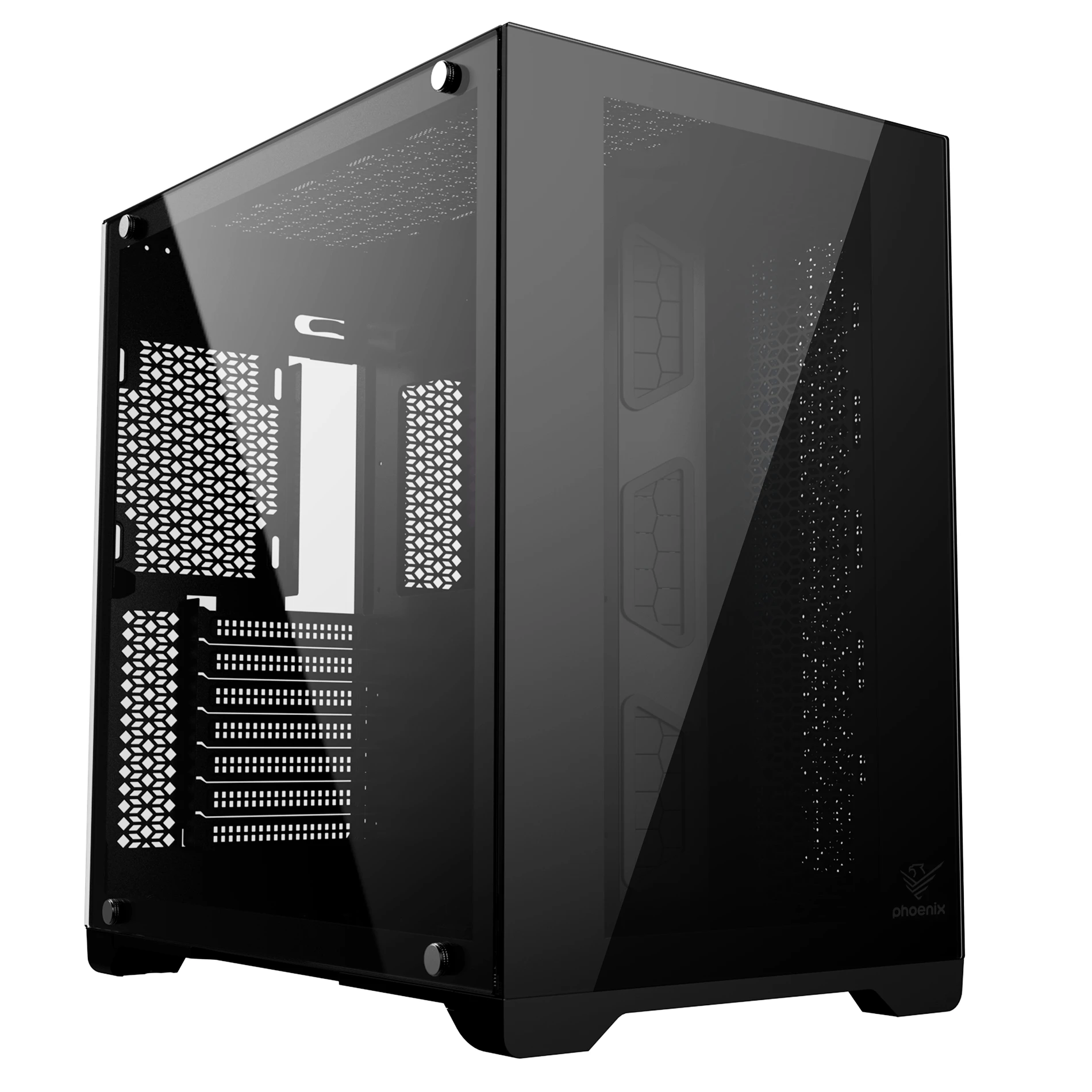 Una caja de ordenador negra con un panel lateral de vidrio. Tiene un diseño moderno con intrincados patrones de ventilación.