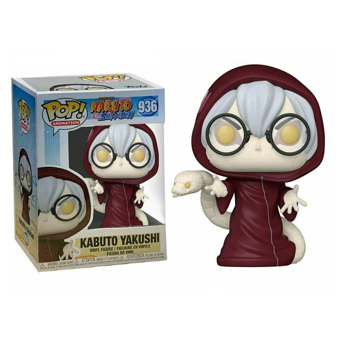 Una figura Funko Pop di Kabuto Yakushi con occhiali, una veste rossa e un serpente bianco. È accanto alla sua scatola.