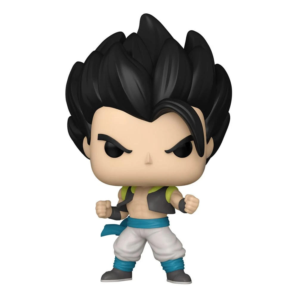 Una figura Funko Pop de un personaje con cabello negro puntiagudo, chaleco, faja azul y pantalones blancos, con expresión seria.
