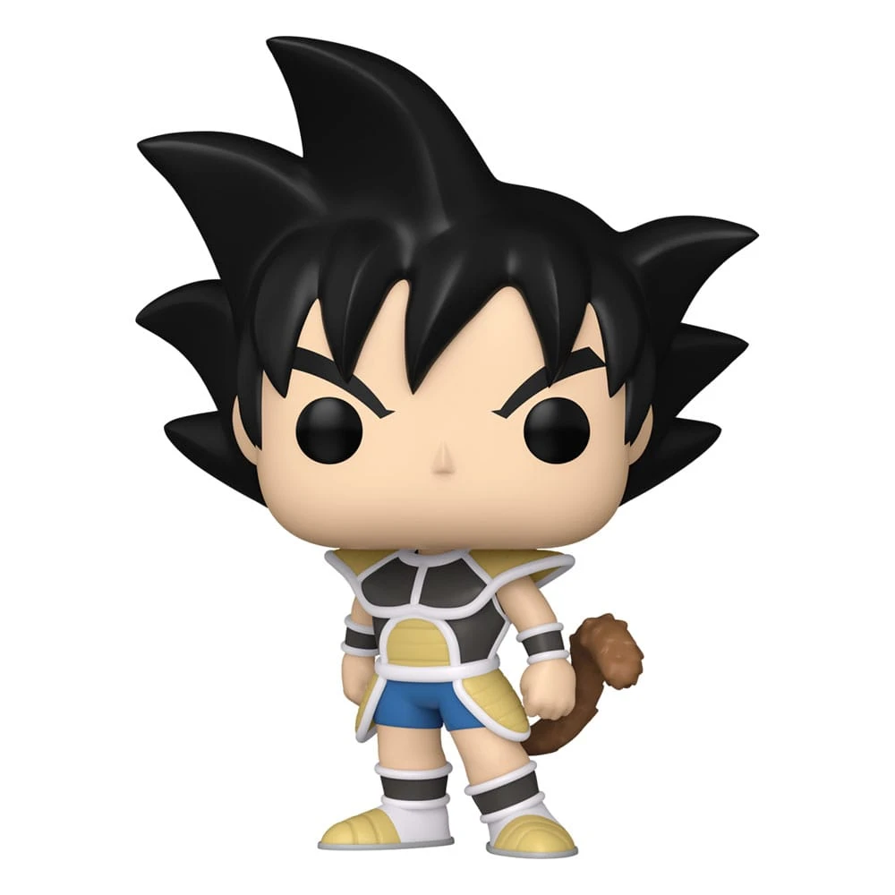 Una figura Funko Pop de un personaje de Dragon Ball Z. Presenta cabello negro puntiagudo, una cola marrón y un atuendo negro, amarillo y azul.
