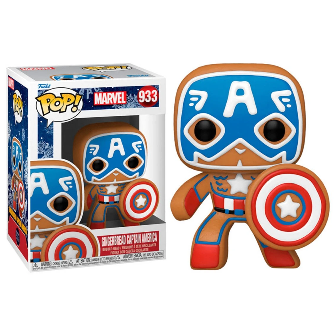 Figura Funko Pop de Pan de Jengibre Capitán América y su caja. La figura es marrón, azul y roja, sosteniendo un escudo. La caja es visible.