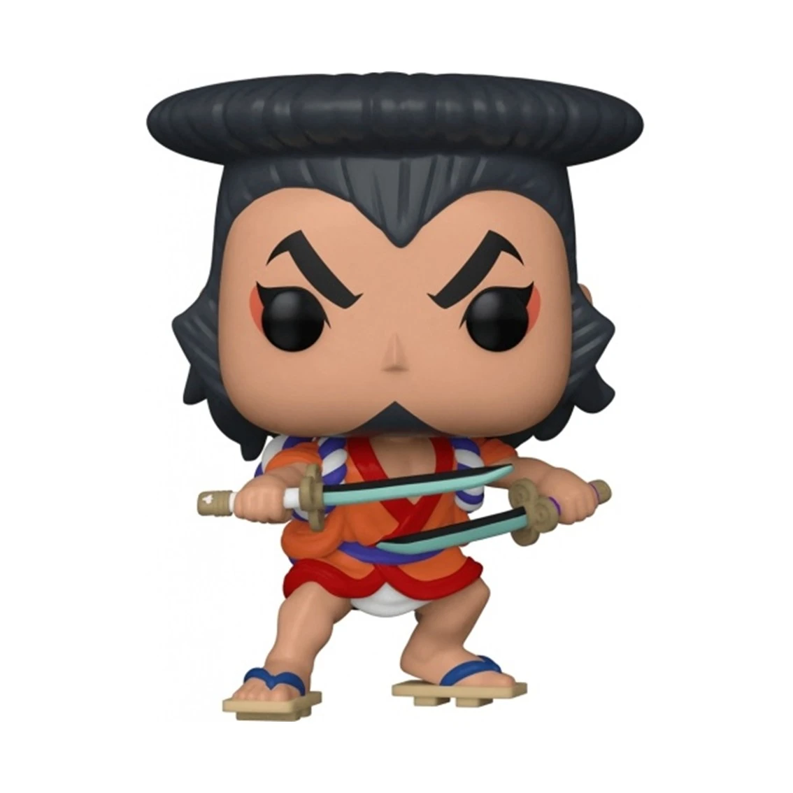 Una figura Funko Pop de un samurái con peinado negro, sosteniendo dos espadas. Viste ropa naranja y roja y sandalias.