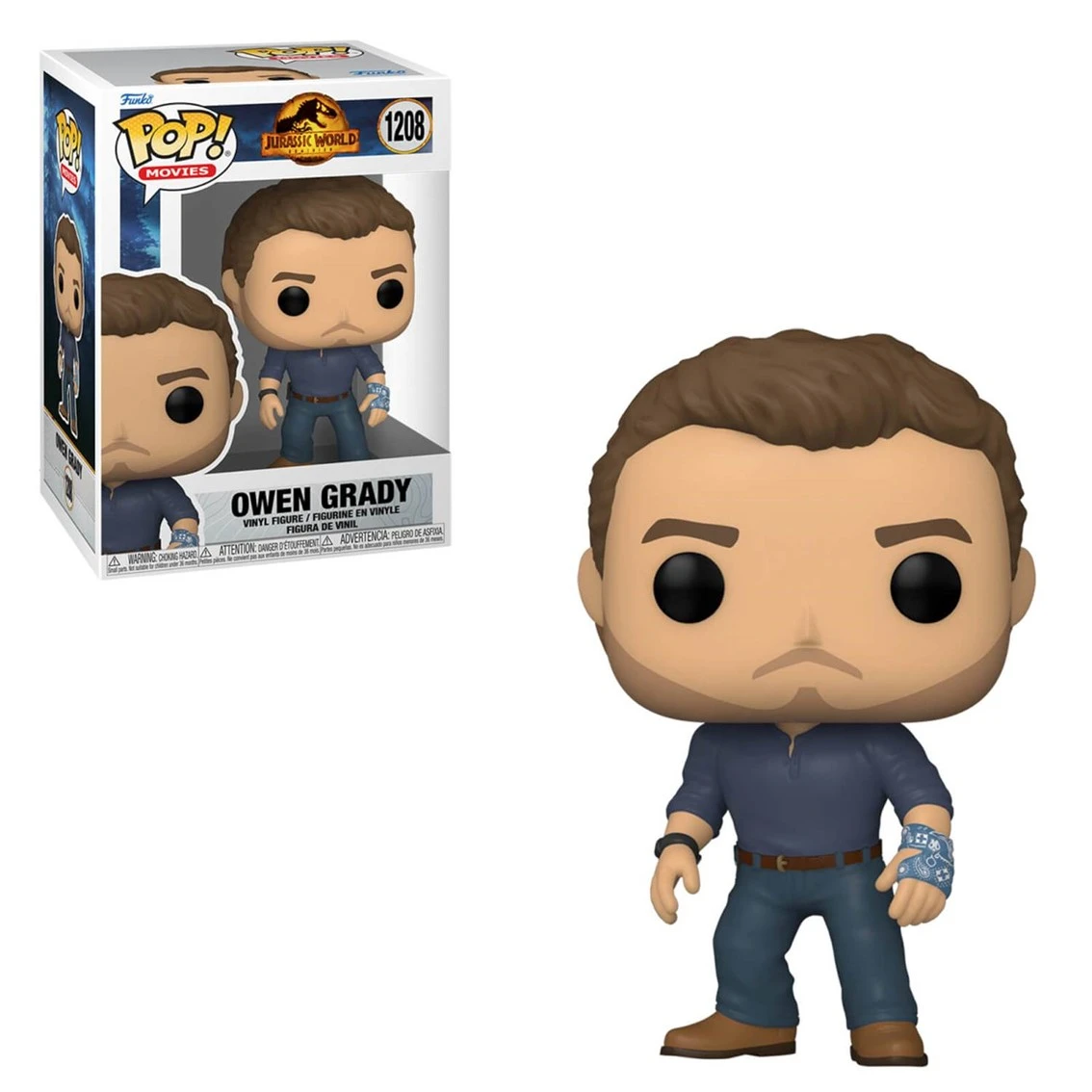 Funko Pop-Figur von Owen Grady aus Jurassic World. Er trägt ein blaues Hemd, Jeans und hat braune Haare. Die Box ist ebenfalls sichtbar.