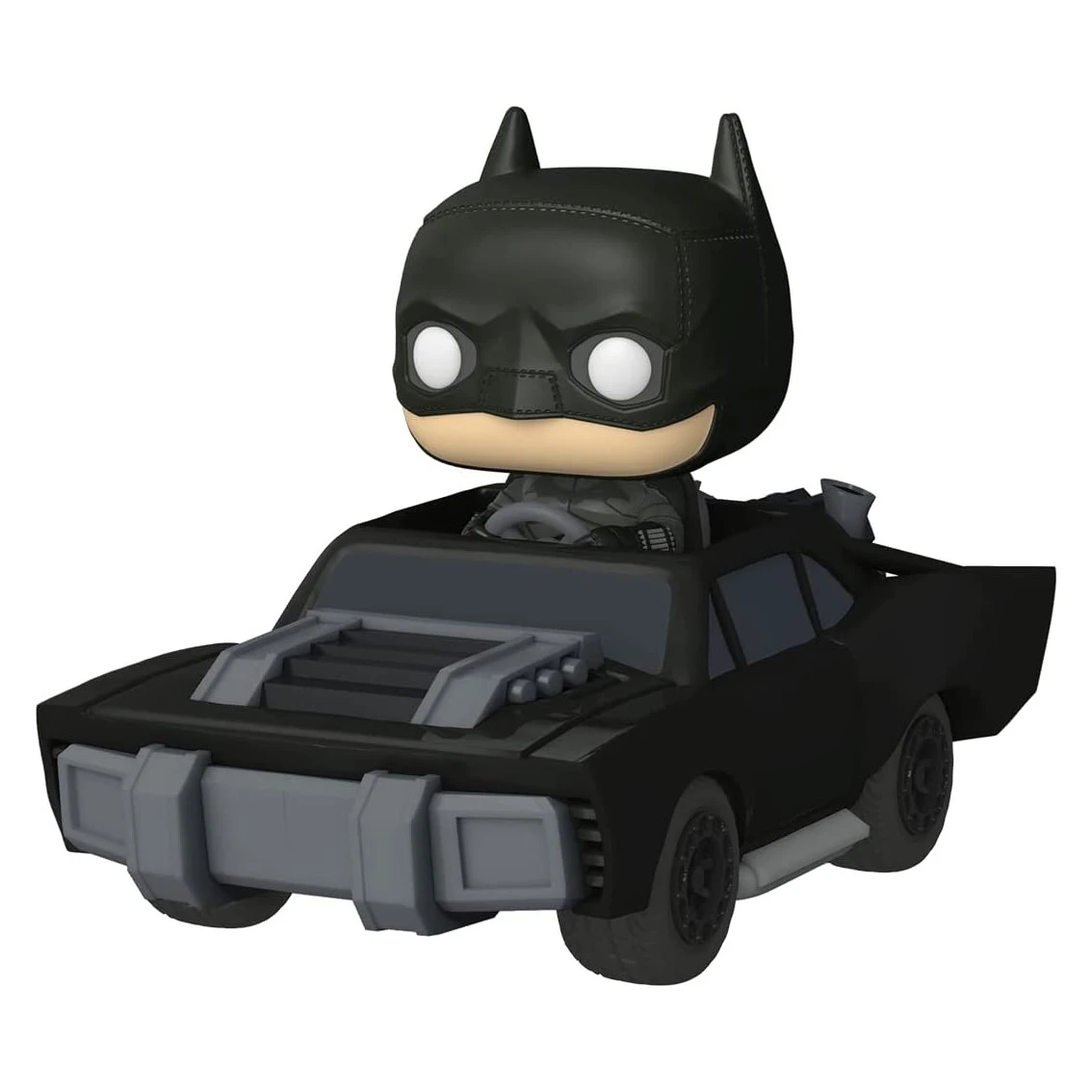 Batman-Figur in einem schwarzen Auto, graue Akzente, weiße Augen. Das Auto hat eine detaillierte Front und Auspuffrohre.