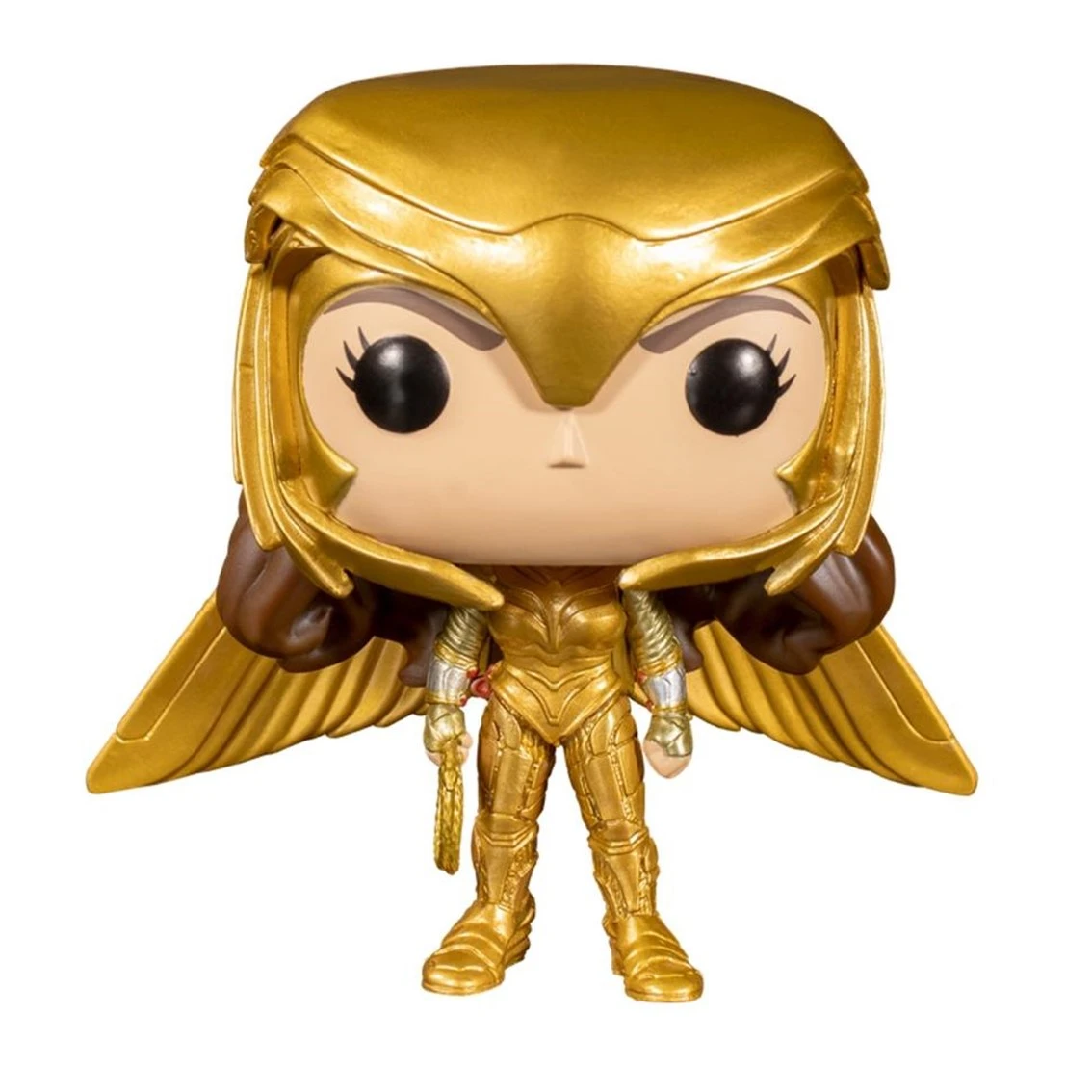 Eine Funko Pop-Figur von Wonder Woman in goldener Rüstung, Helm und Flügeln. Die Figur hat einen großen Kopf und einen kleinen Körper, vor weißem Hintergrund.