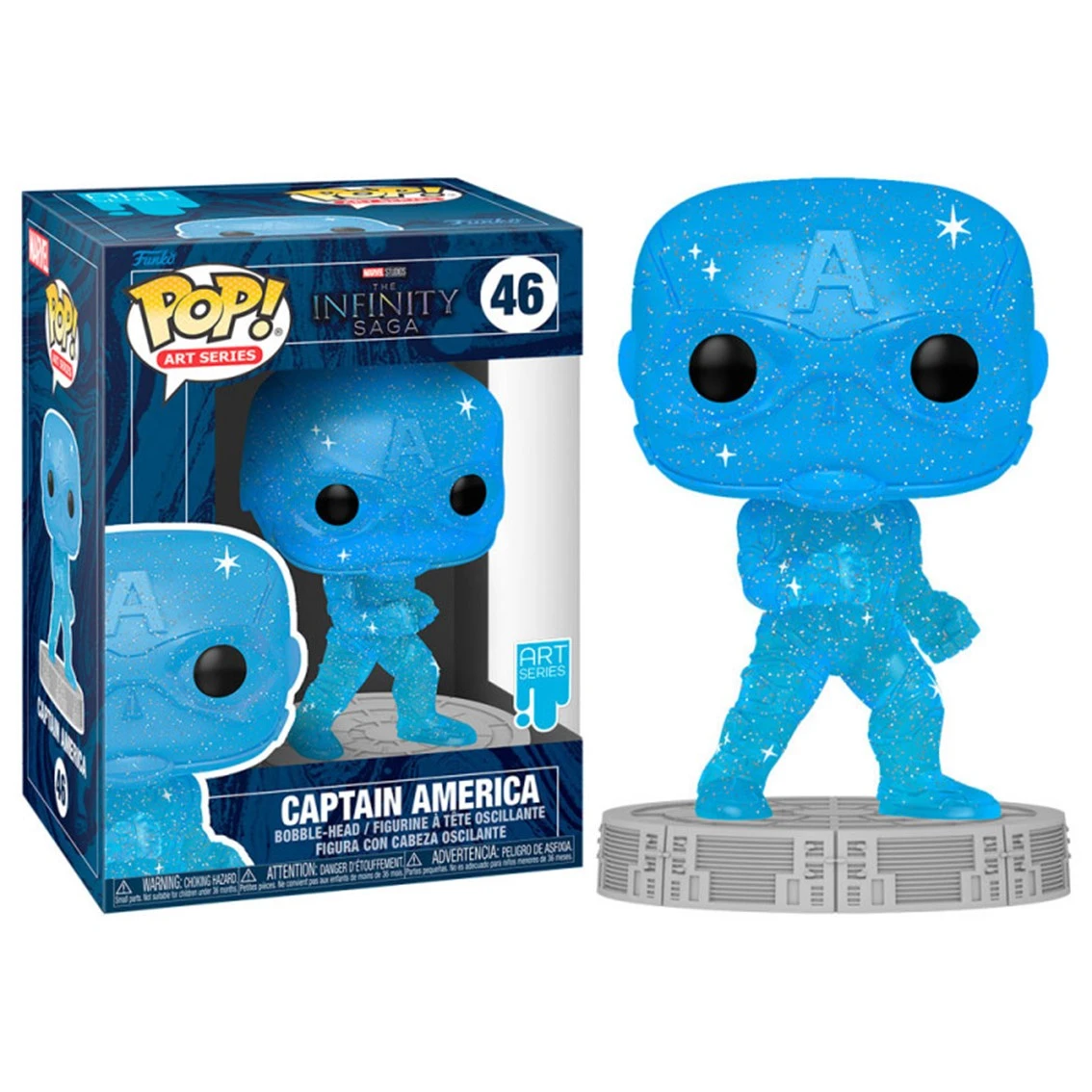 Una figura de Funko Pop de Capitán América. La figura es azul con motas blancas, y la caja también es azul. La figura está sobre una base gris.