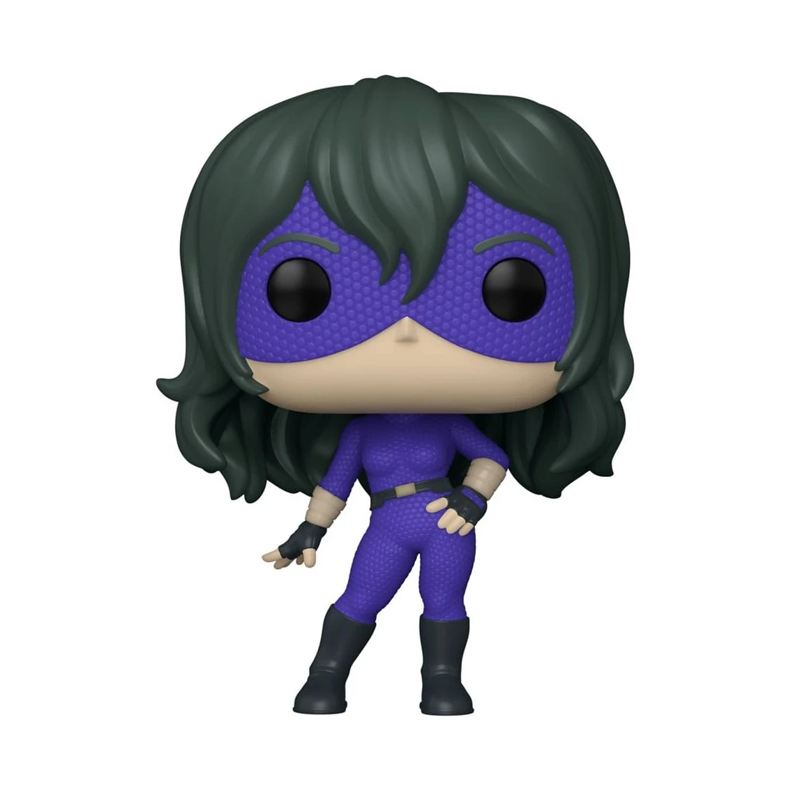 Una figura de Funko Pop de una mujer con traje y máscara morados. Tiene botas y guantes negros y cabello verde oscuro.