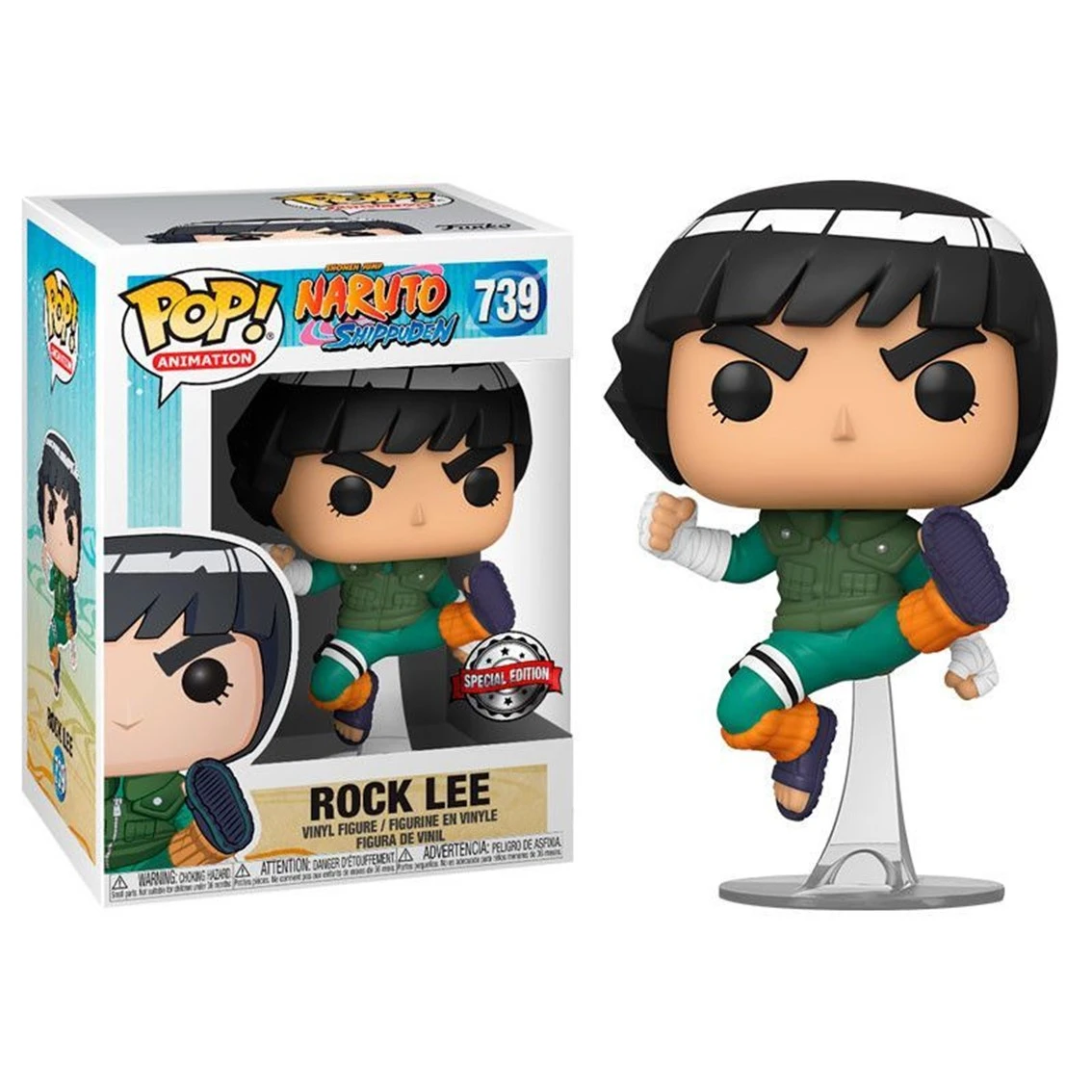 Eine Rock Lee Figur aus Naruto Shippuden in dynamischer Pose. Es ist eine Sonderausgabe. Die Figur steht neben ihrer Box auf einem Ständer.