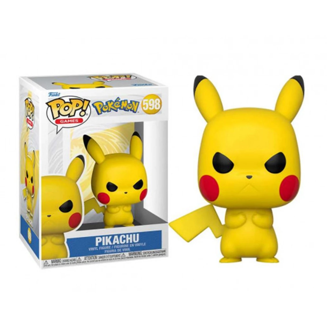 Una figura Funko Pop di Pikachu. È giallo, con occhi neri, guance rosse e orecchie con la punta nera, accanto alla sua scatola.