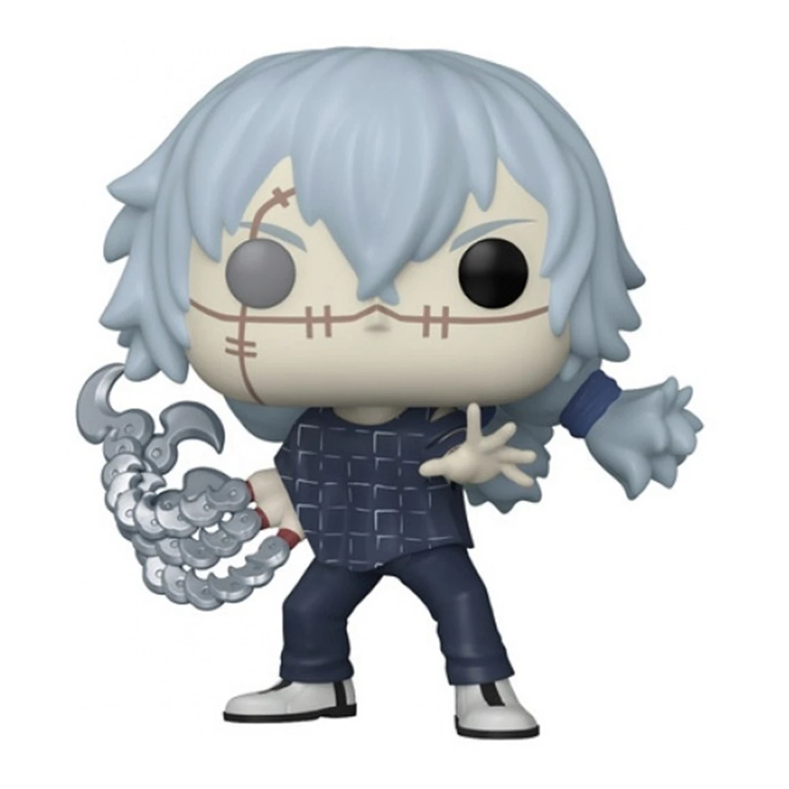 Una figura Funko Pop di un personaggio con capelli azzurri e un viso cucito. Ha un braccio metallico e indossa un completo blu scuro.