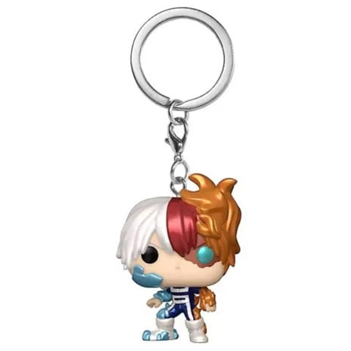 Ein My Hero Academia Schlüsselanhänger von Todoroki. Die Figur hat weiße und rote Haare, eine blaue Maske und ein blau-weißes Kostüm. An einem Ring befestigt.