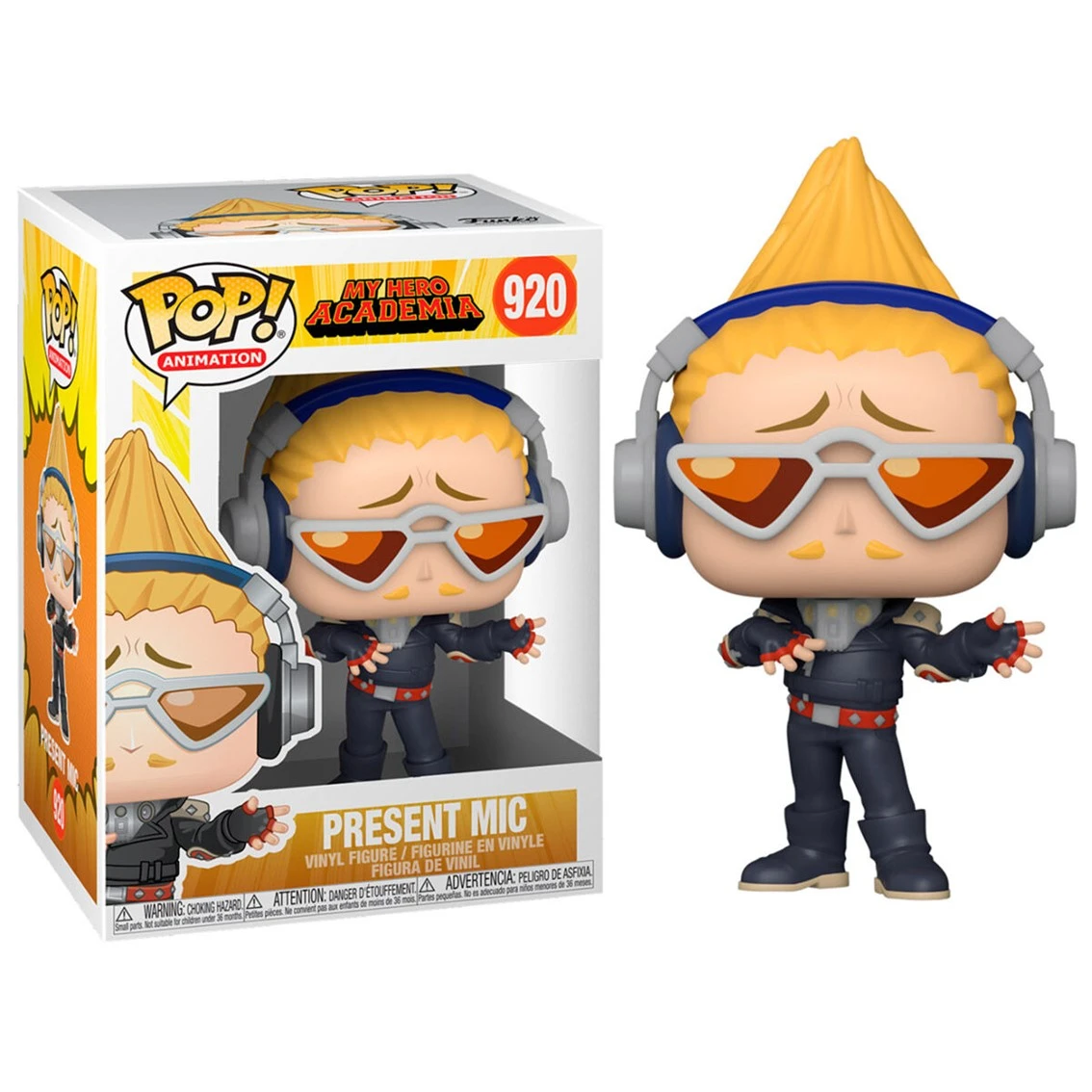Eine Present Mic Funko Pop Figur und ihre Schachtel. Die Figur hat gelbes Haar, eine Sonnenbrille und einen schwarzen Anzug. Die Schachtel hat das Bild der Figur.