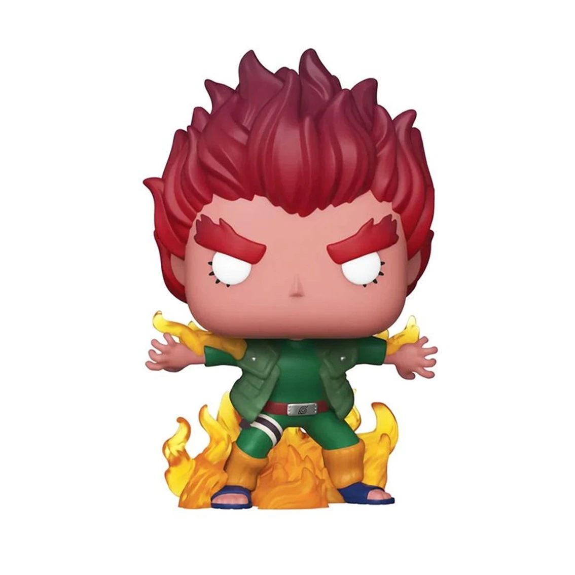 Una figura Funko Pop di Might Guy con capelli rossi a spillo, abito verde e fiamme alla base. La figura ha un'espressione arrabbiata.