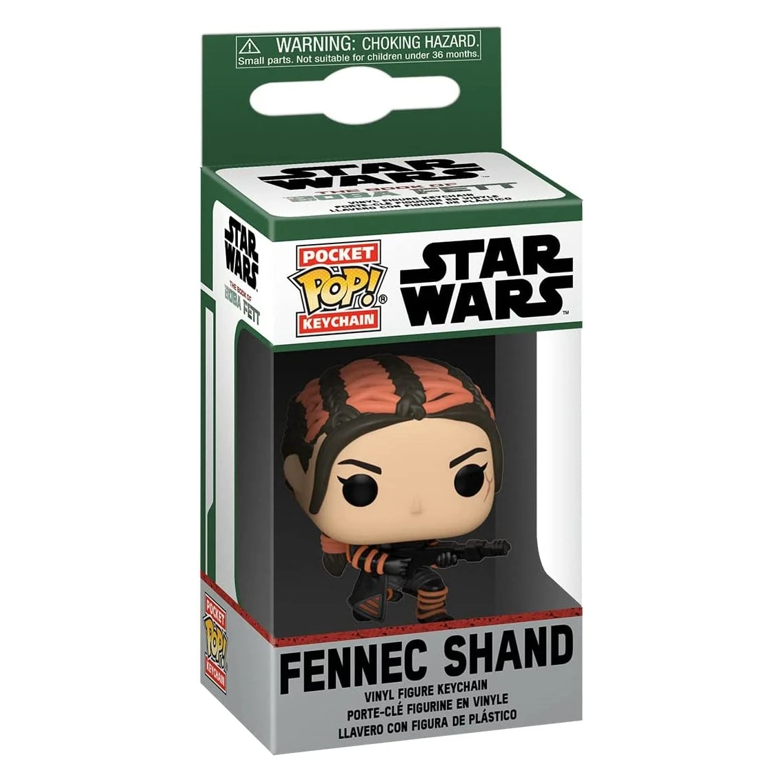 Un llavero Pocket Pop! de Fennec Shand en una caja. Lleva una armadura negra con detalles naranjas y sostiene un bláster. La caja dice Star Wars.