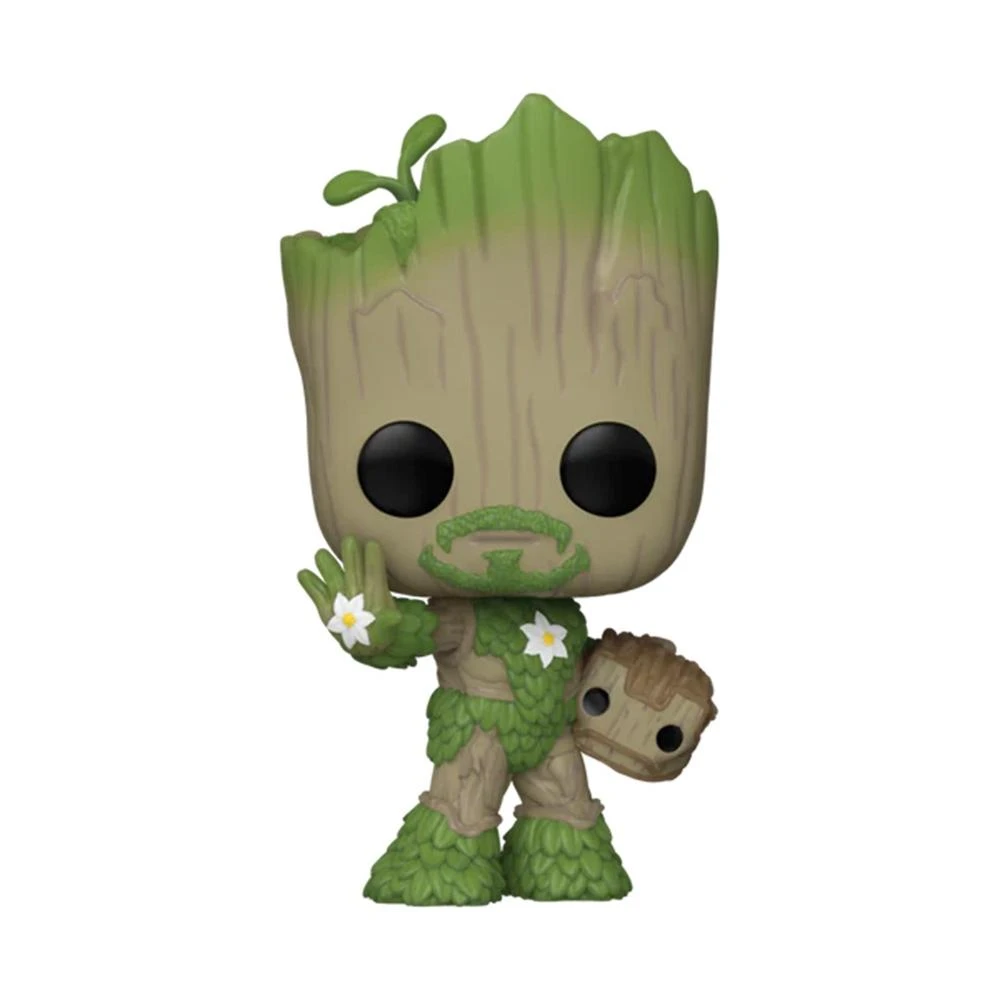 Una figura Funko Pop di Groot. Ha una testa e un corpo verdi e fogliosi con fiori bianchi. Tiene in mano una testa di Groot in miniatura.