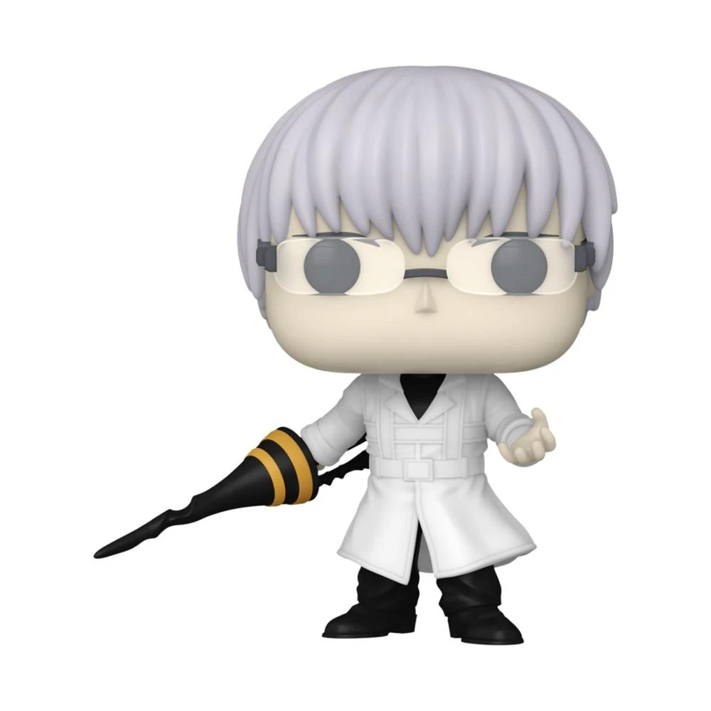 Una figura Funko Pop de un personaje con pelo blanco, gafas, abrigo blanco y un arma negra con rayas amarillas.