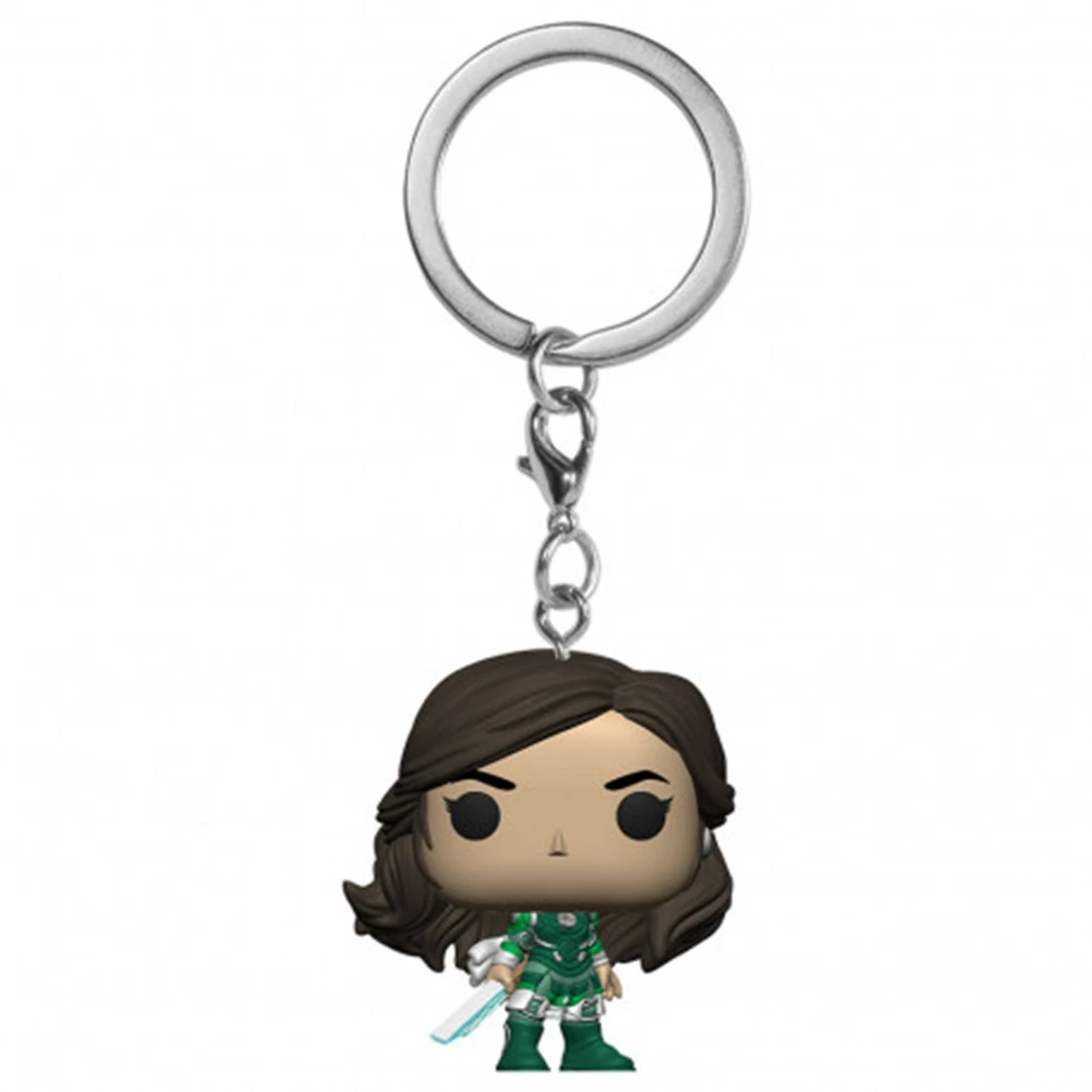 Ein Funko Pop-Schlüsselanhänger einer Figur mit braunem Haar, grünem Anzug und einem Schwert, der an einem silbernen Ring hängt.