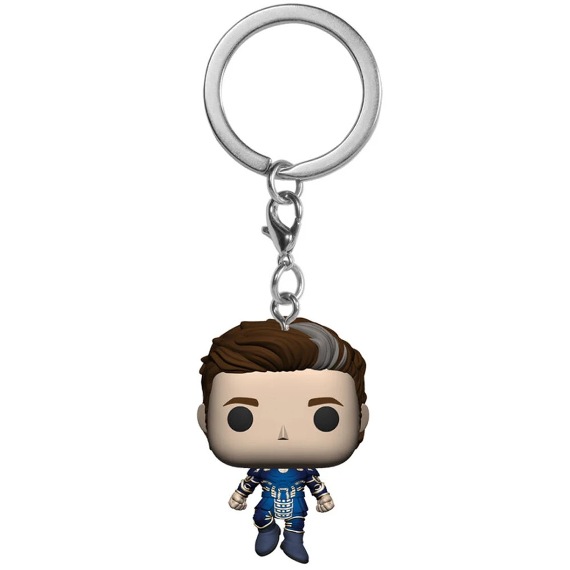 Portachiavi con un personaggio Funko Pop. Il personaggio ha i capelli castani con una ciocca grigia, indossa un abito blu. Portachiavi argentato.