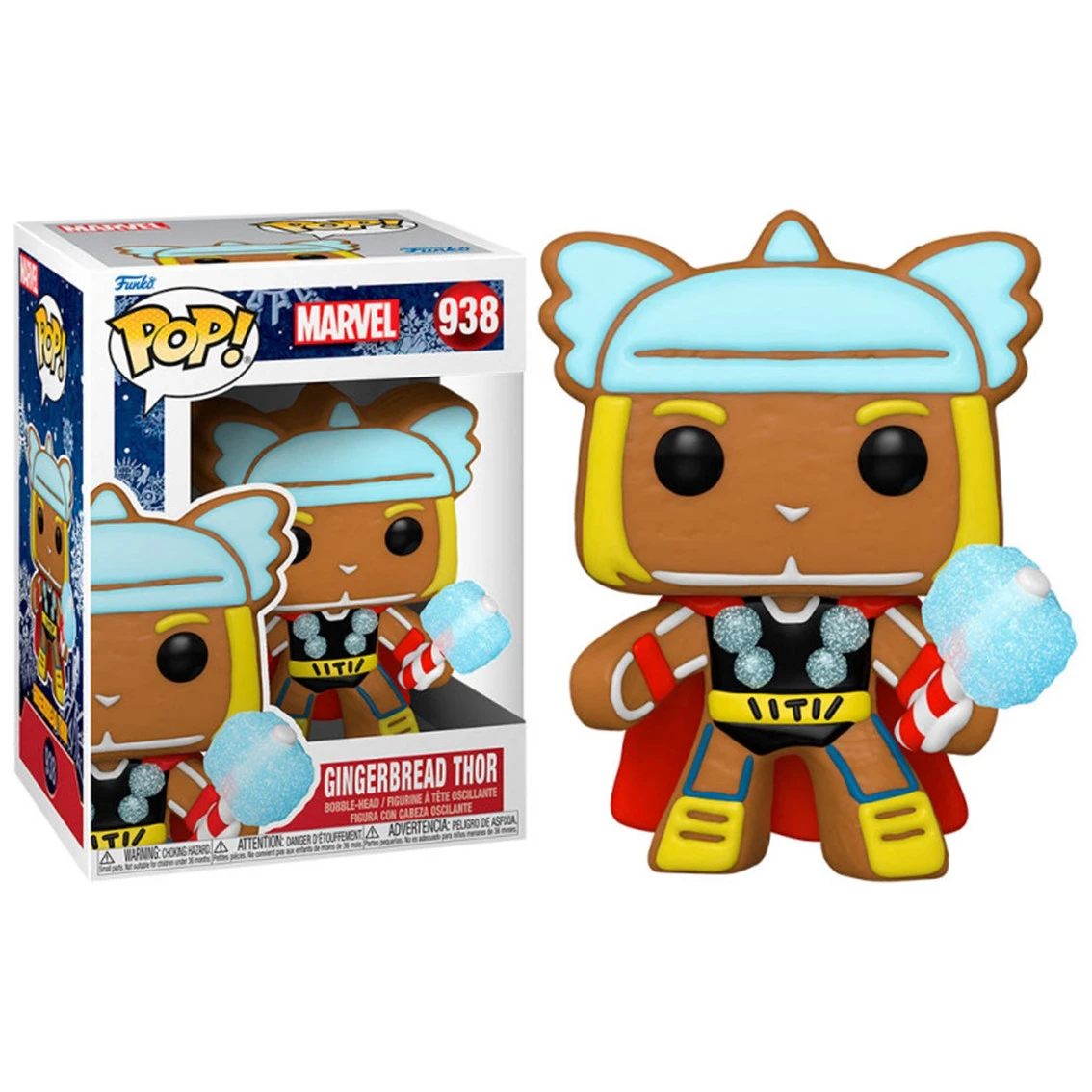 Una figura Funko Pop de Thor de pan de jengibre. Tiene un casco azul, una capa roja y un martillo de caramelo azul. Caja en el fondo.
