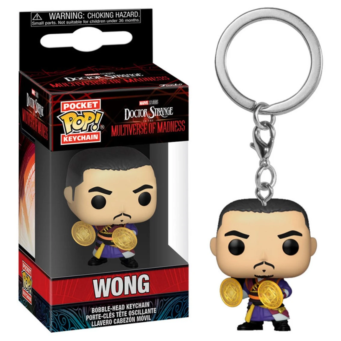 Wong-Wackelkopf-Schlüsselanhänger aus Doctor Strange: Multiverse of Madness. Wong hält zwei goldene Scheiben. Die Box ist links.