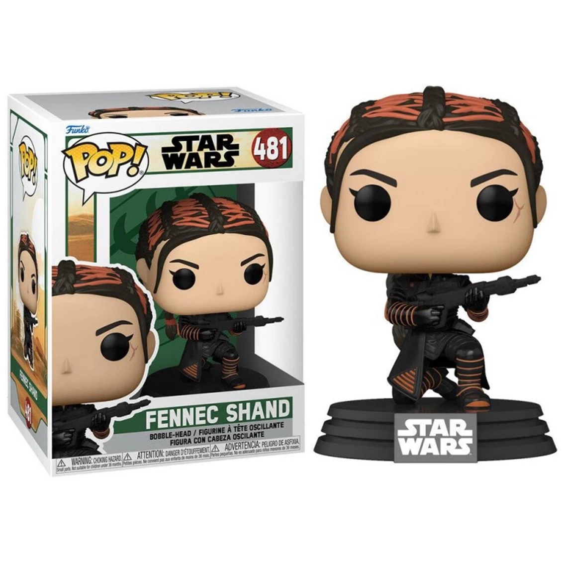 Eine Funko Pop Figur von Fennec Shand aus Star Wars. Sie hält einen Blaster, mit schwarzen und orangen Details auf ihrem Outfit.