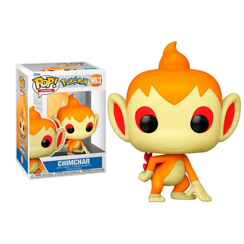Eine Chimchar Funko Pop Figur. Sie ist orange und hellbraun, mit schwarzen Augen und roten Ohren. Links ist eine Box mit derselben Figur.