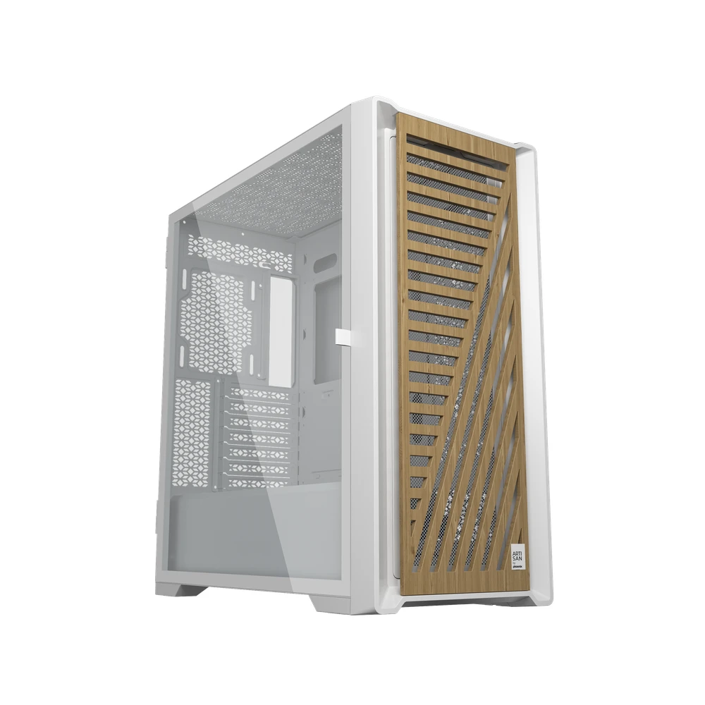 Un case per computer bianco con un pannello laterale in vetro e un pannello frontale in legno con doghe diagonali. Il case è su una superficie bianca.