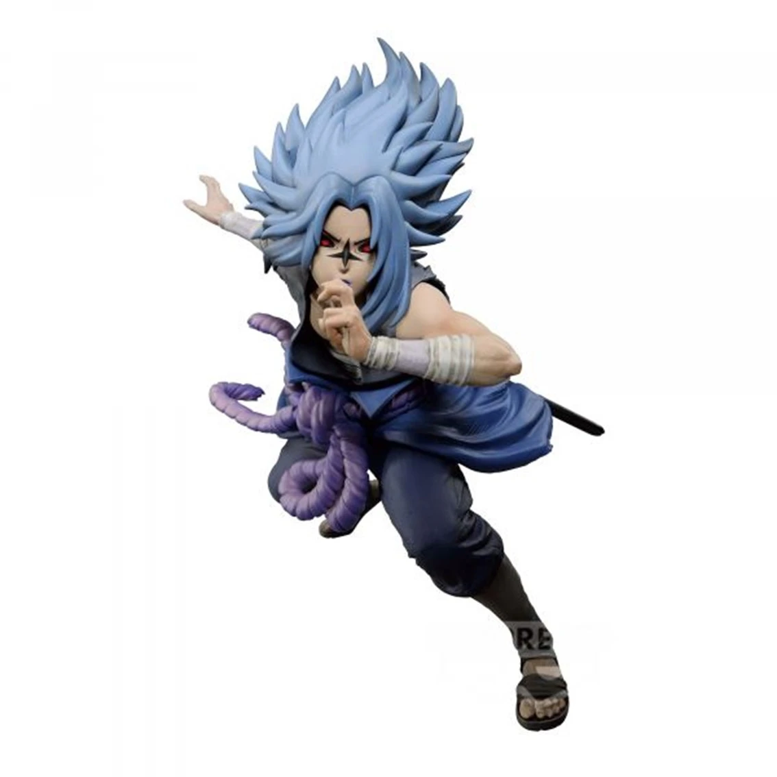 Figura de un personaje de manga con pelo azul puntiagudo, ojos oscuros y una cuerda morada. Viste un atuendo azul y está en una pose dinámica.
