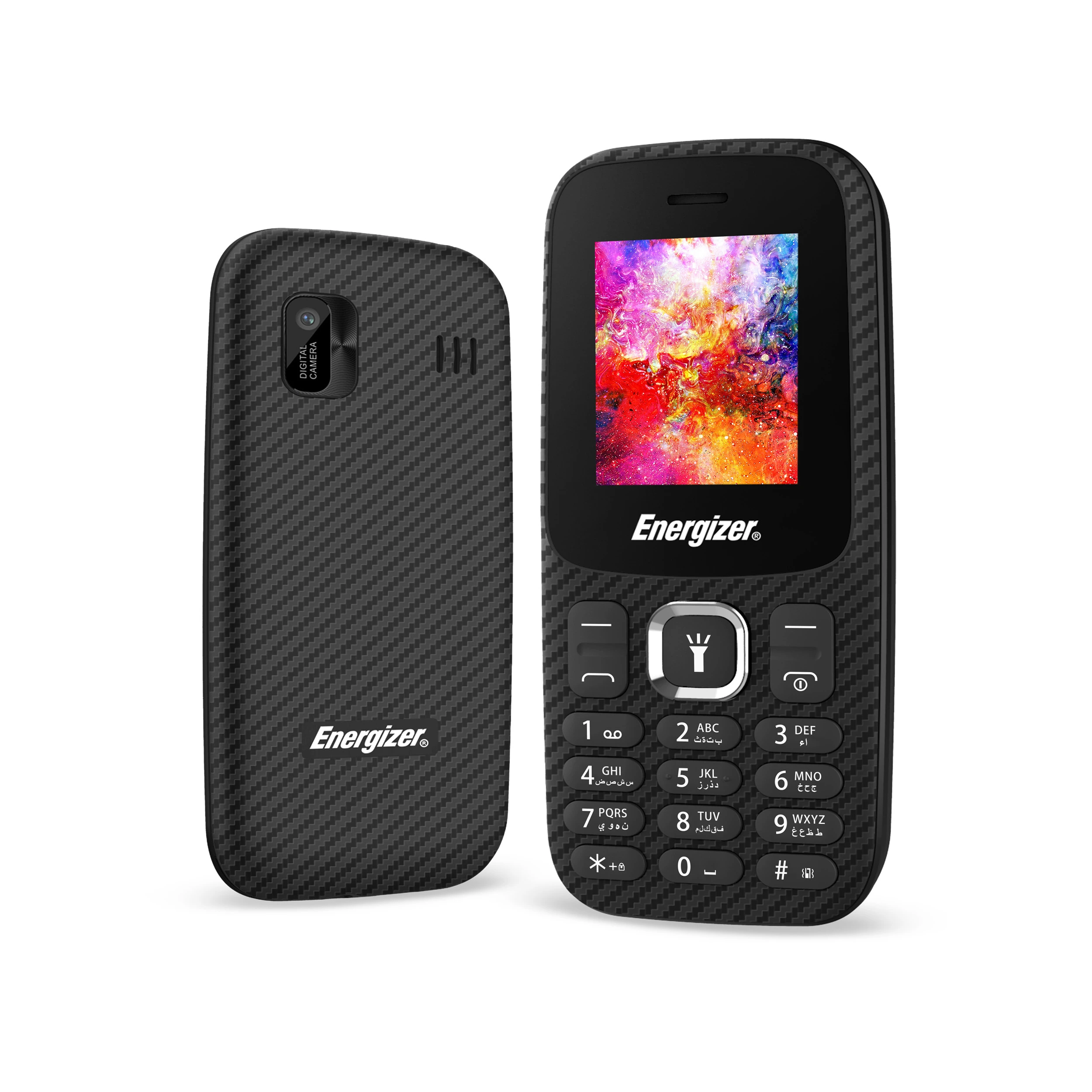 Dos teléfonos negros Energizer. Uno muestra una pantalla colorida, el otro tiene una cámara. Ambos tienen una textura de fibra de carbono.