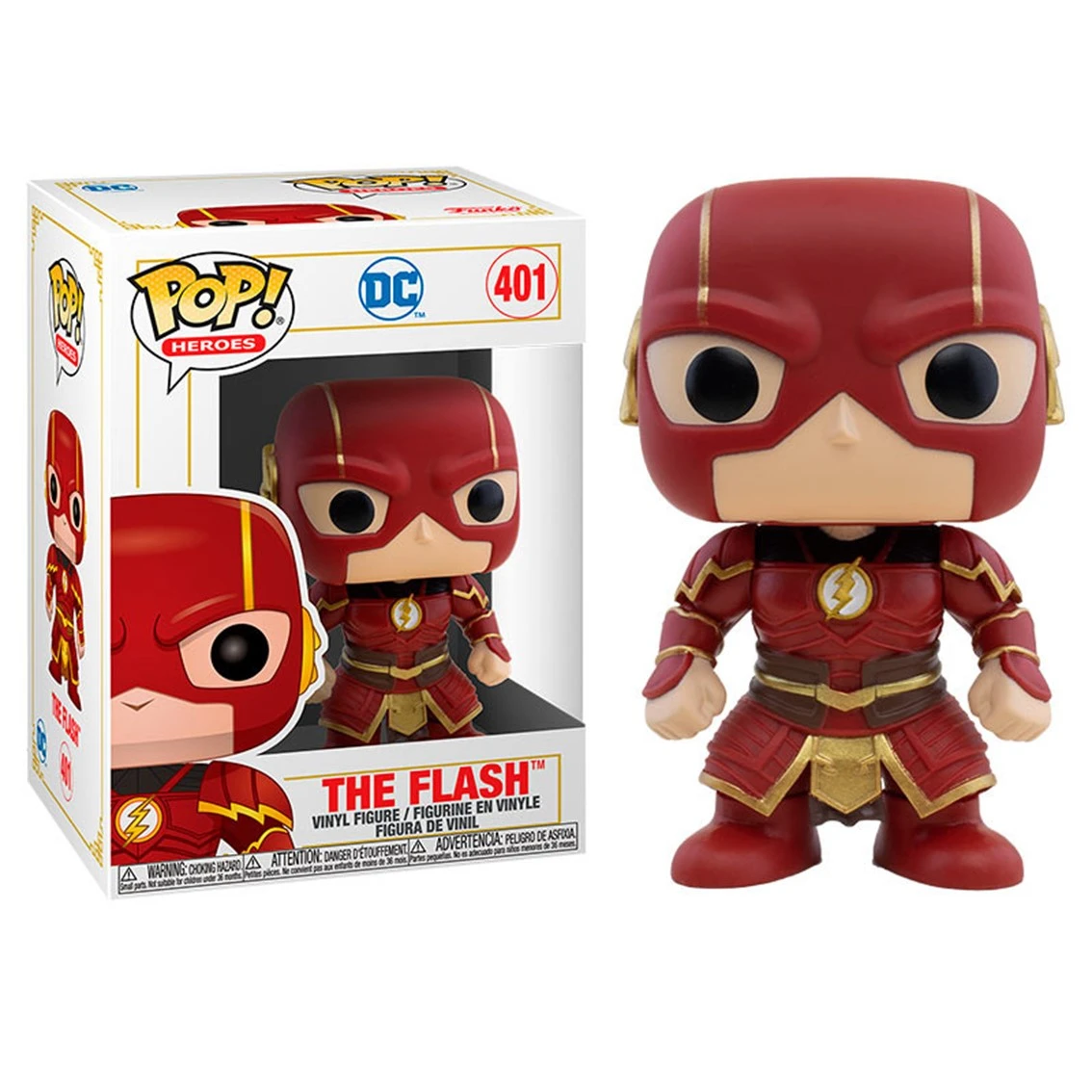 Una figura di Flash Funko Pop in una scatola. La figura è rossa con dettagli dorati, e la scatola mostra la figura e il logo DC.
