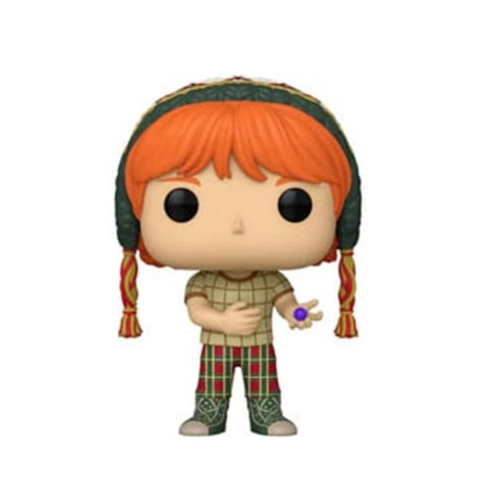 Funko Pop Figur einer Figur mit orangen Haaren, grünem Hut, karierter Hose und einer lila Kugel in der Hand, auf weißem Hintergrund.