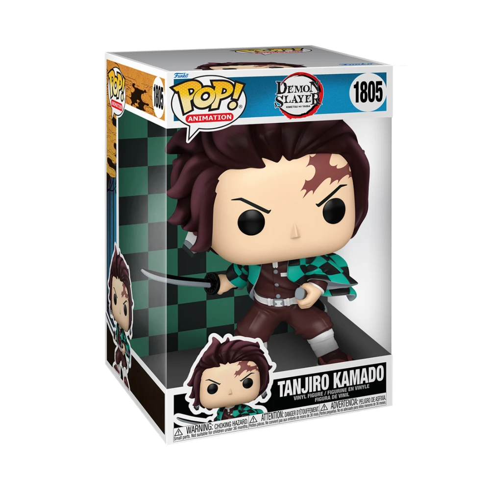 Funko Pop di Tanjiro Kamado da Demon Slayer. La scatola mostra la figura e altra grafica. Ha un haori a scacchi verdi e neri.