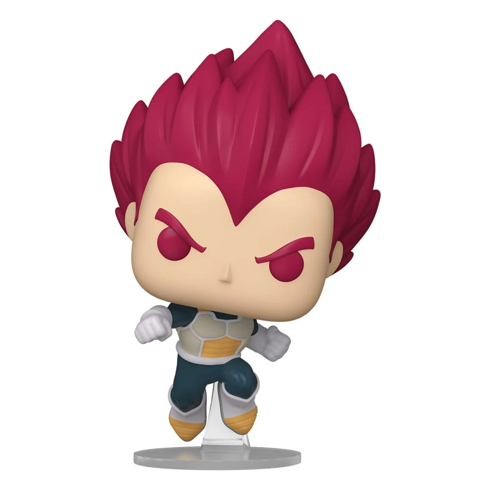 Eine Funko Pop Figur von Vegeta. Er hat stachelige rote Haare, einen strengen Ausdruck und trägt ein blau-weißes Outfit.
