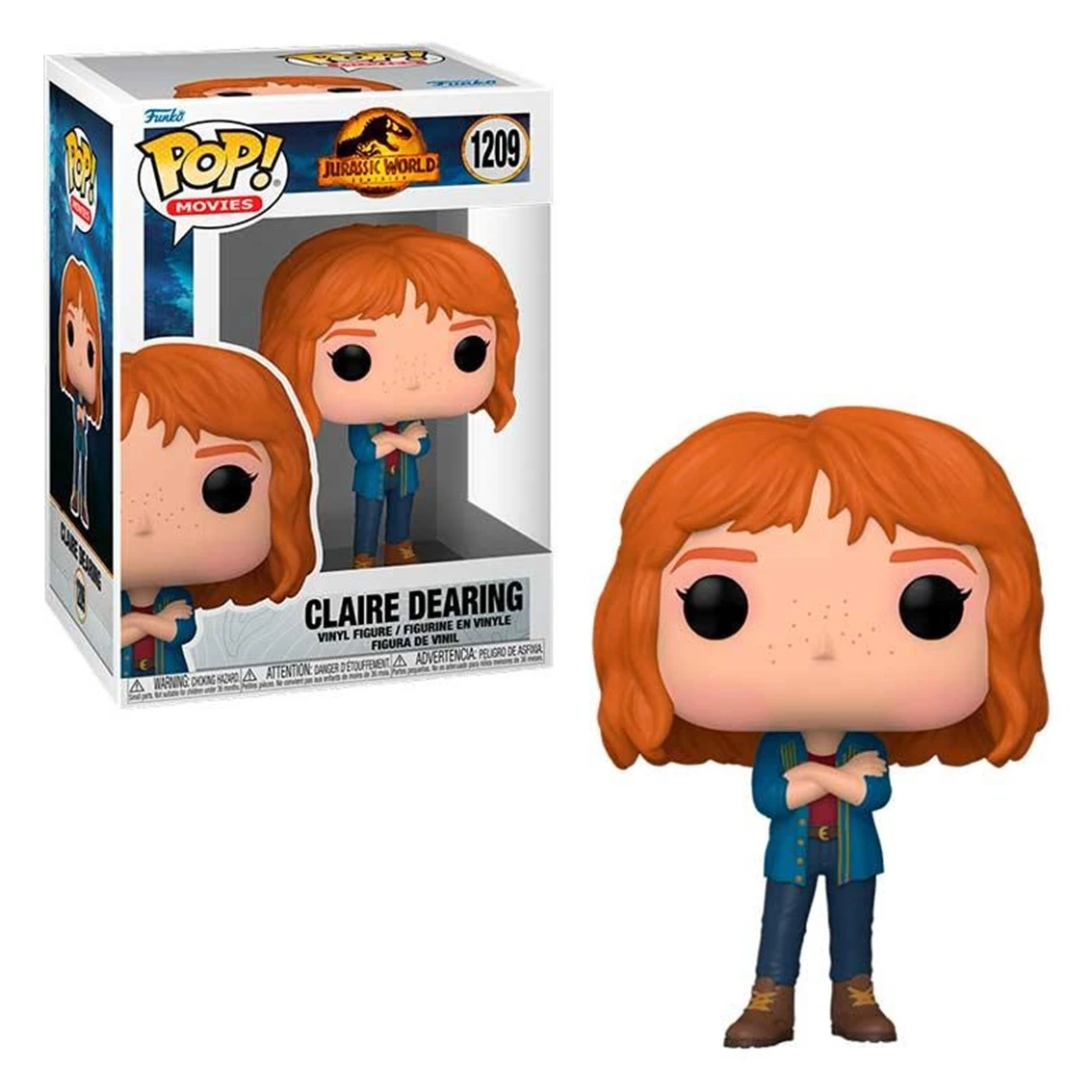 Eine Funko Pop Figur von Claire Dearing aus Jurassic World. Sie hat rotes Haar, Sommersprossen, eine blaue Jacke, dunkle Hose und verschränkte Arme.