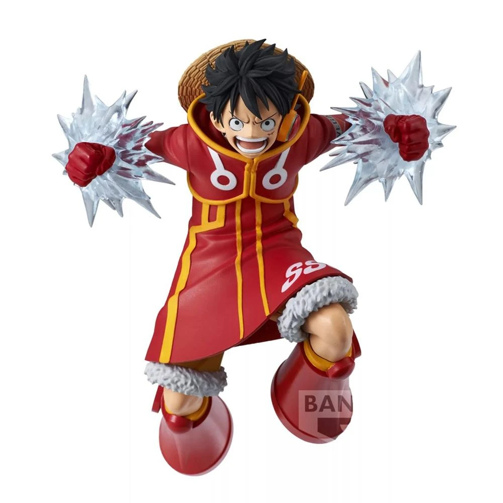 Figura de Luffy con abrigo rojo con ribete amarillo, sombrero de paja y efectos de energía alrededor de los puños. Posando sonriente.