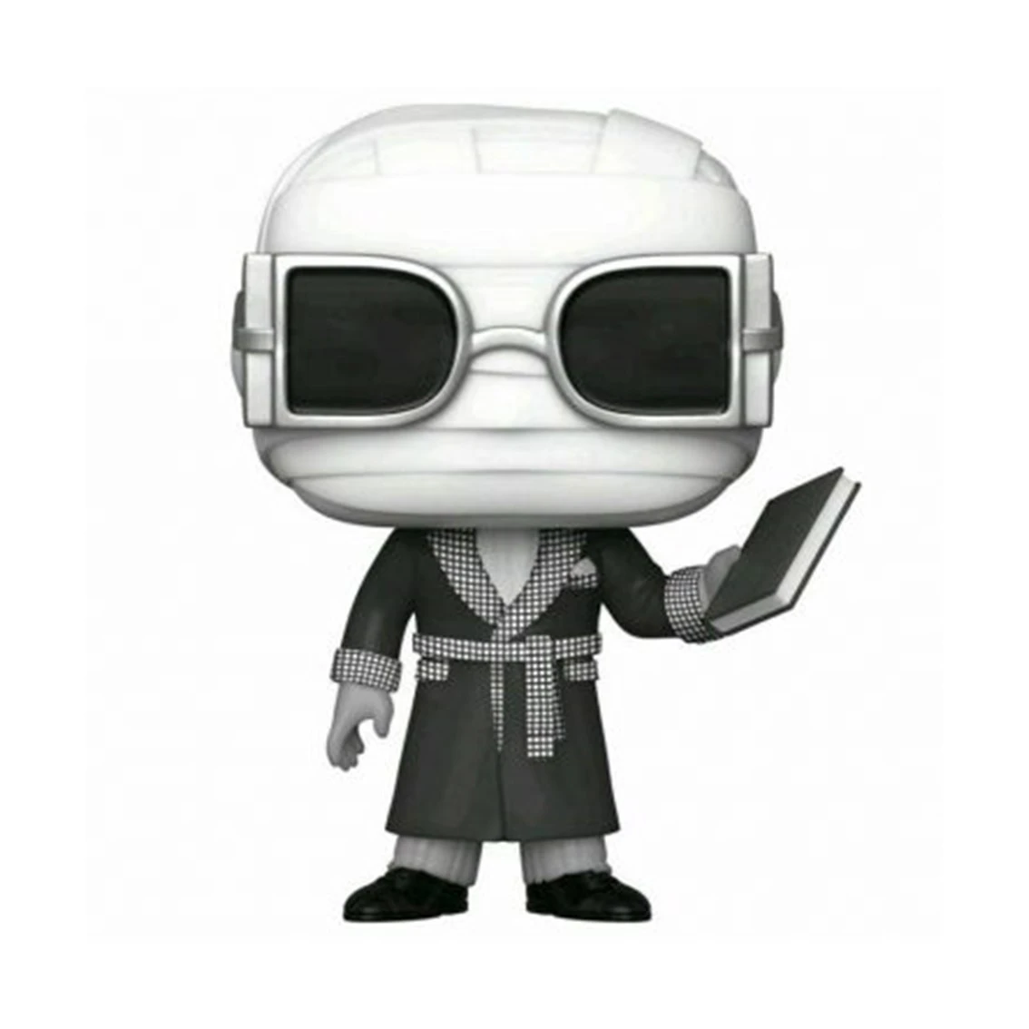 Eine Funko Pop-Figur des Unsichtbaren Mannes, mit Bandagen am Kopf, großer Brille, Bademantel und einem Buch.